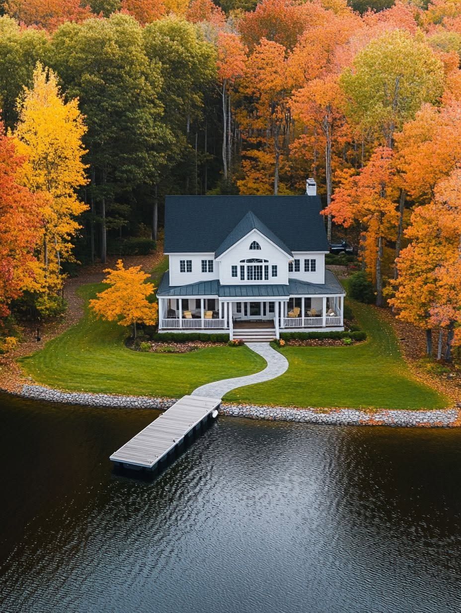 A white house with a wraparound porch sits by a lake, surrounded by autumn trees with orange and yellow foliage. A curved path leads to a dock on the water.