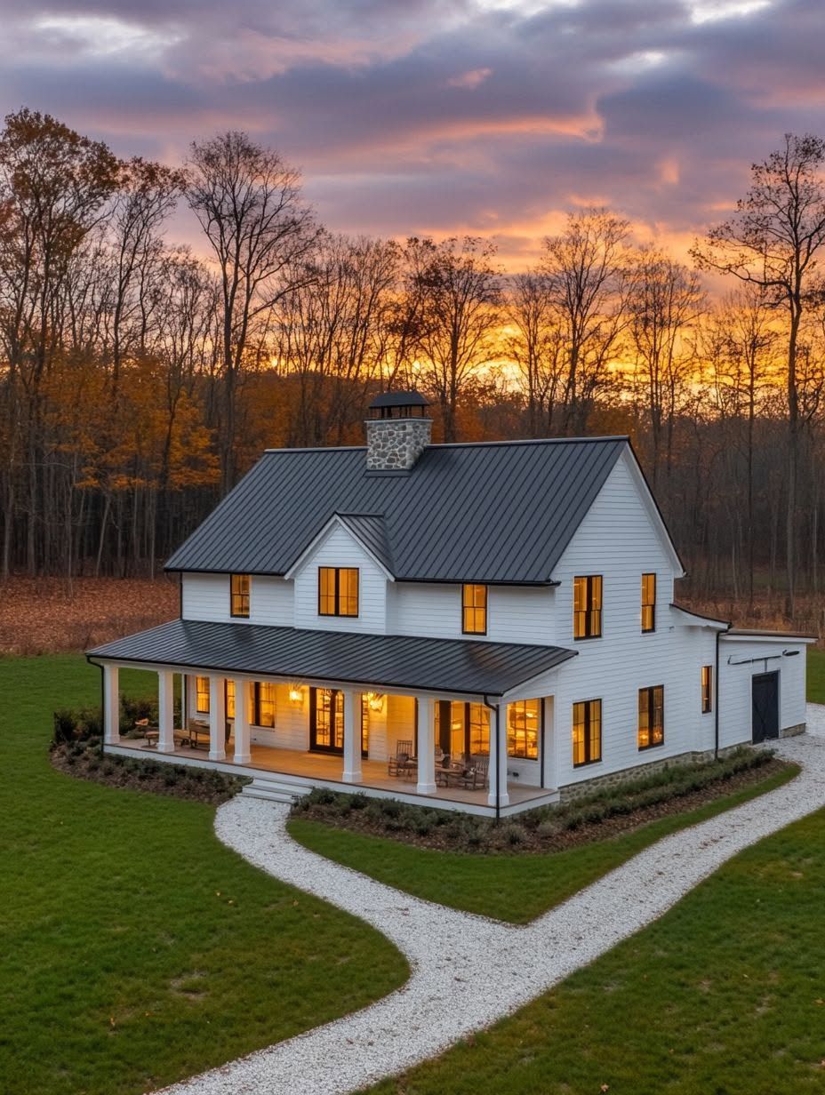 A two-story white house with a wraparound porch sits on a green lawn, surrounded by trees, at sunset. Warm lights glow from the windows and a gravel path leads to the entrance.