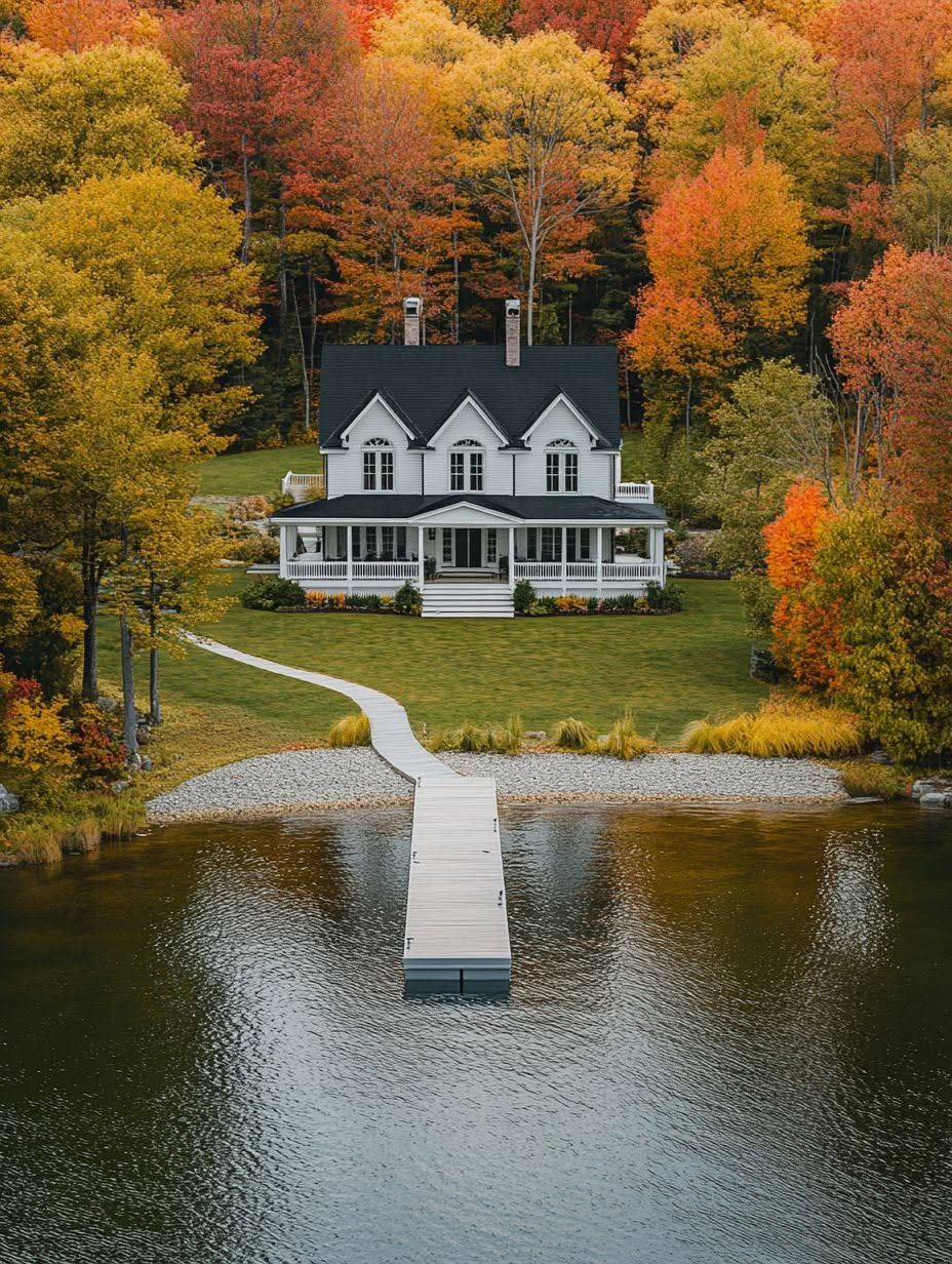A white house with a porch sits by a lake, surrounded by autumn trees. A wooden dock leads from the water to the house across a green lawn.