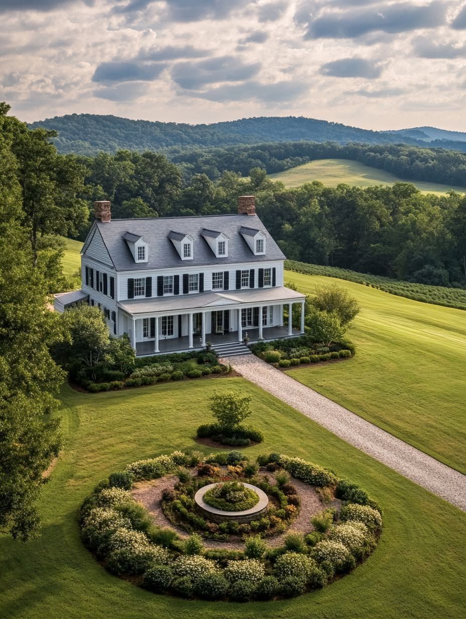 A large white two-story house with dormer windows and a wraparound porch sits on a manicured lawn with a circular garden, surrounded by green hills and trees under a partly cloudy sky.