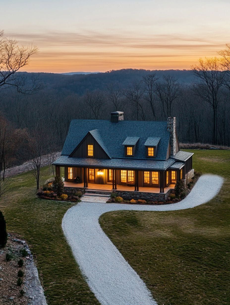 A small house with lit windows sits on a spacious lawn with a curved gravel driveway, surrounded by trees at sunset.