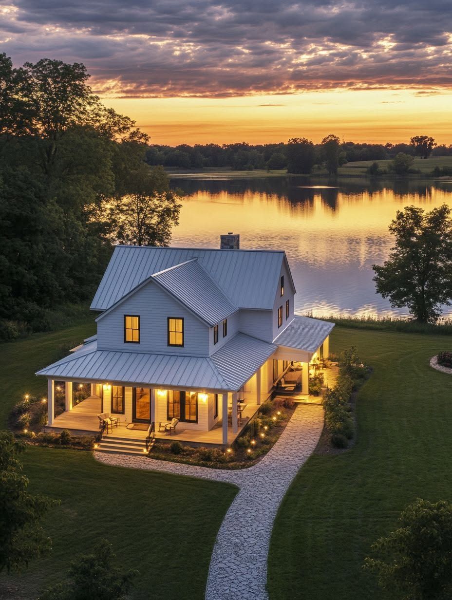 A modern two-story house with a wraparound porch is illuminated at dusk, situated near a calm lake and surrounded by trees and manicured lawns.