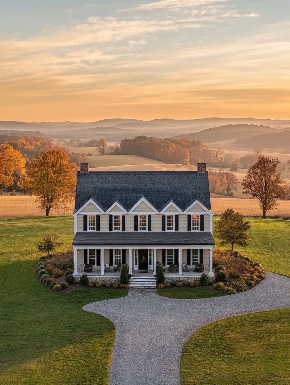 Two-story white house with a front porch and dormer windows, surrounded by a large lawn and trees, with hills and a colorful sky in the background.