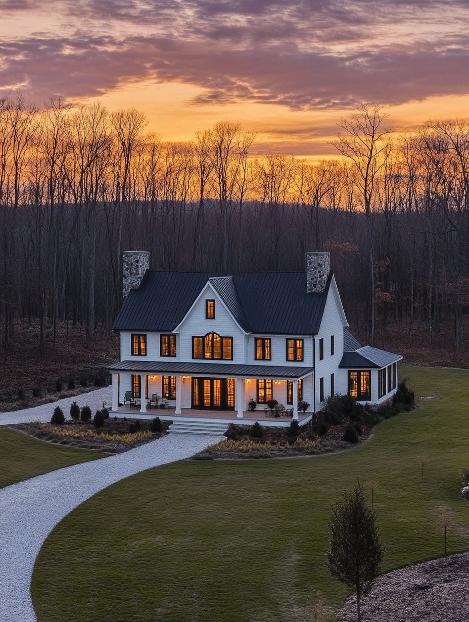 A large white house with stone chimneys and a wraparound porch sits on a manicured lawn, surrounded by trees at sunset.