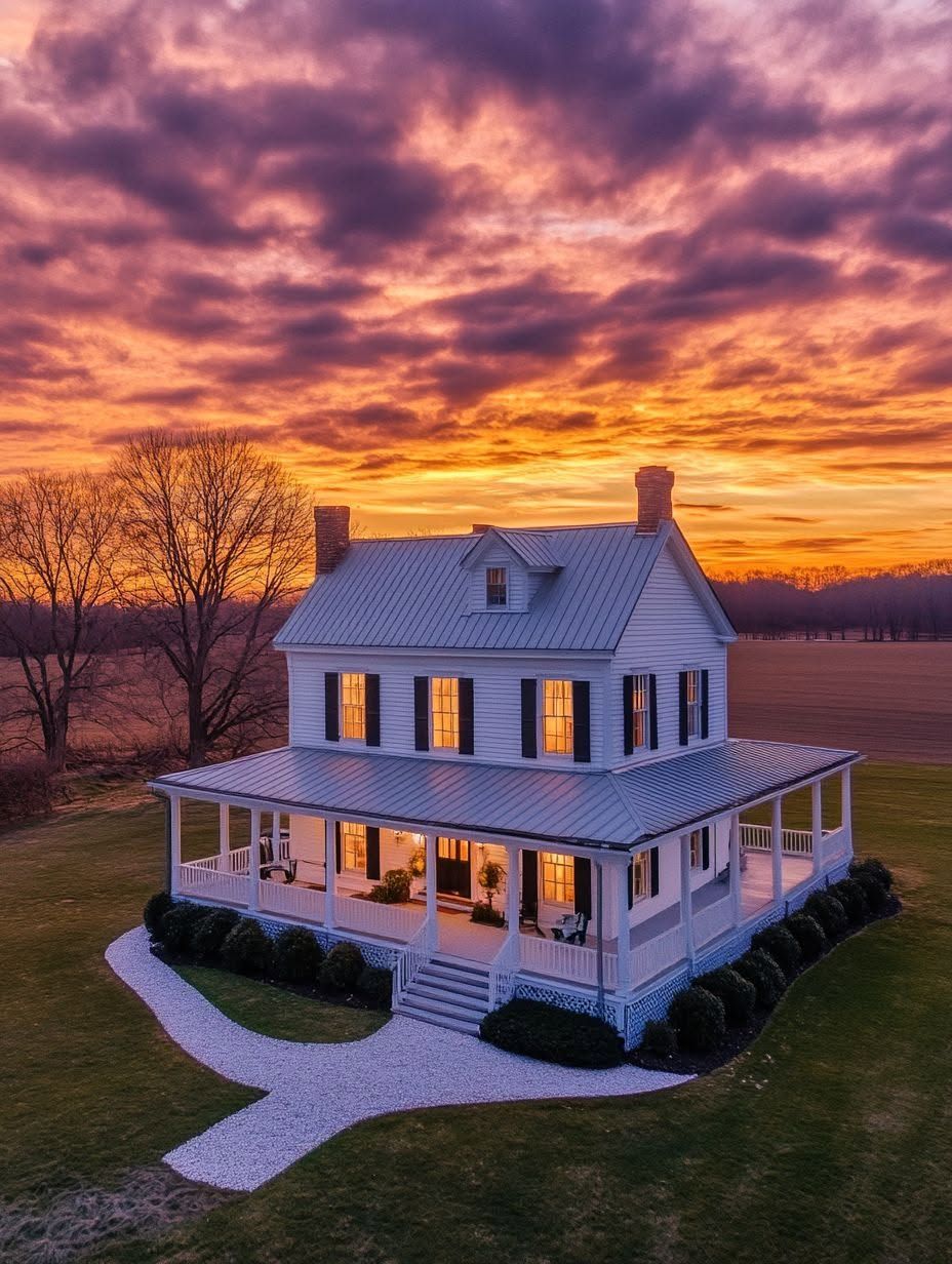 White two-story farmhouse with a large wraparound porch, lit from within, set against a dramatic sunset sky with scattered clouds.