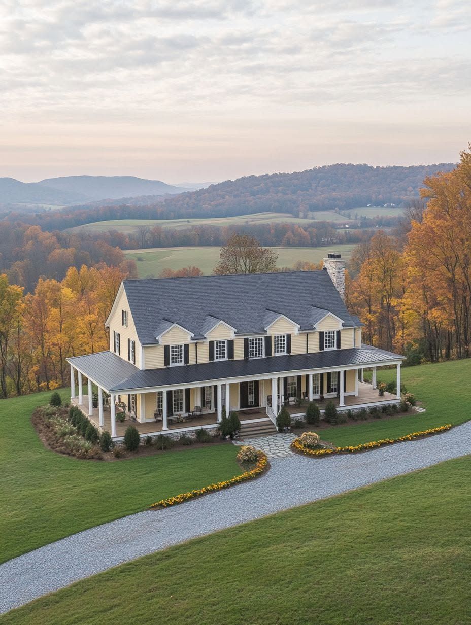 A large two-story house with a wraparound porch sits on a grassy hill, surrounded by autumn trees and distant rolling hills under a cloudy sky.