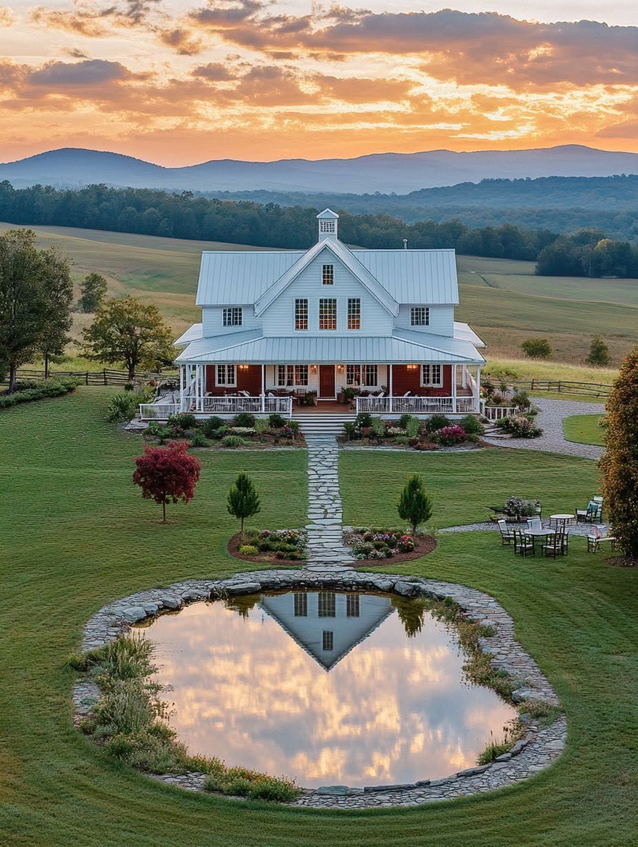 A white farmhouse with a wraparound porch sits in a grassy field at sunset, with a stone path leading to a pond that reflects the sky and house.