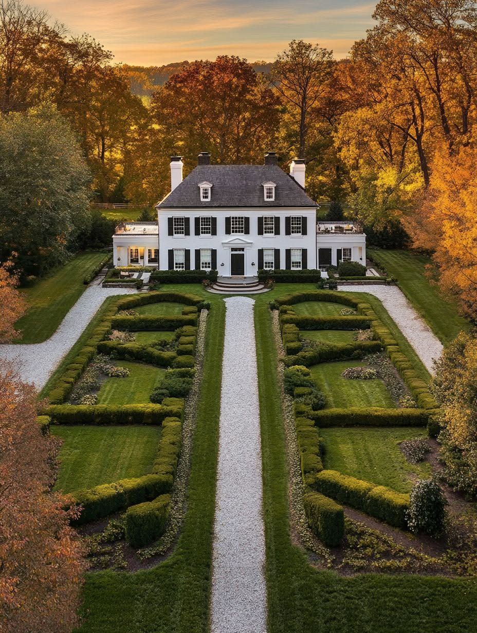 A large, white, two-story house with neatly trimmed hedges and symmetrical gardens, surrounded by trees with autumn foliage.