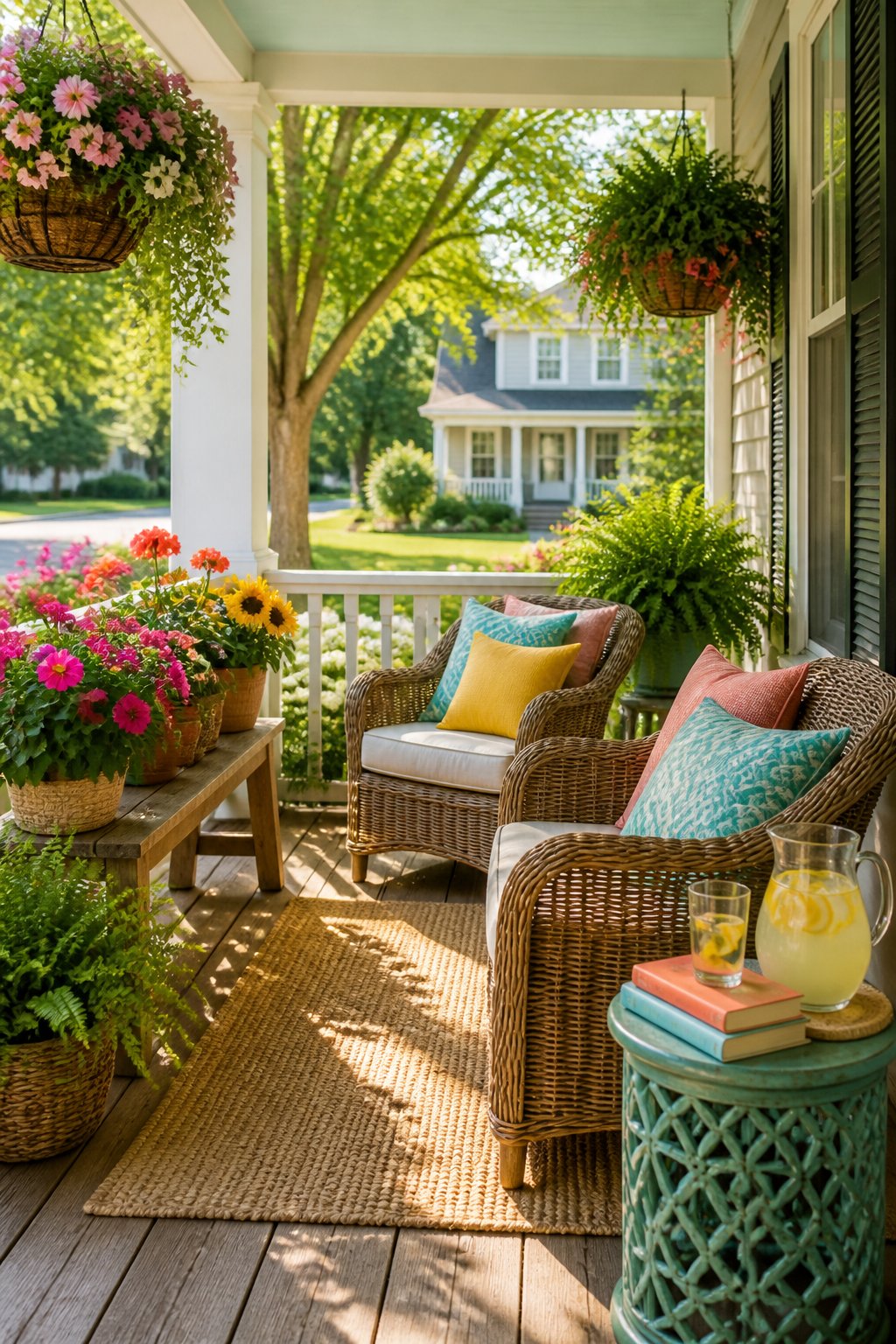 Wicker chairs with colorful pillows, a small table with books and lemonade, and potted flowers decorate a sunny front porch overlooking a tree-lined suburban street.