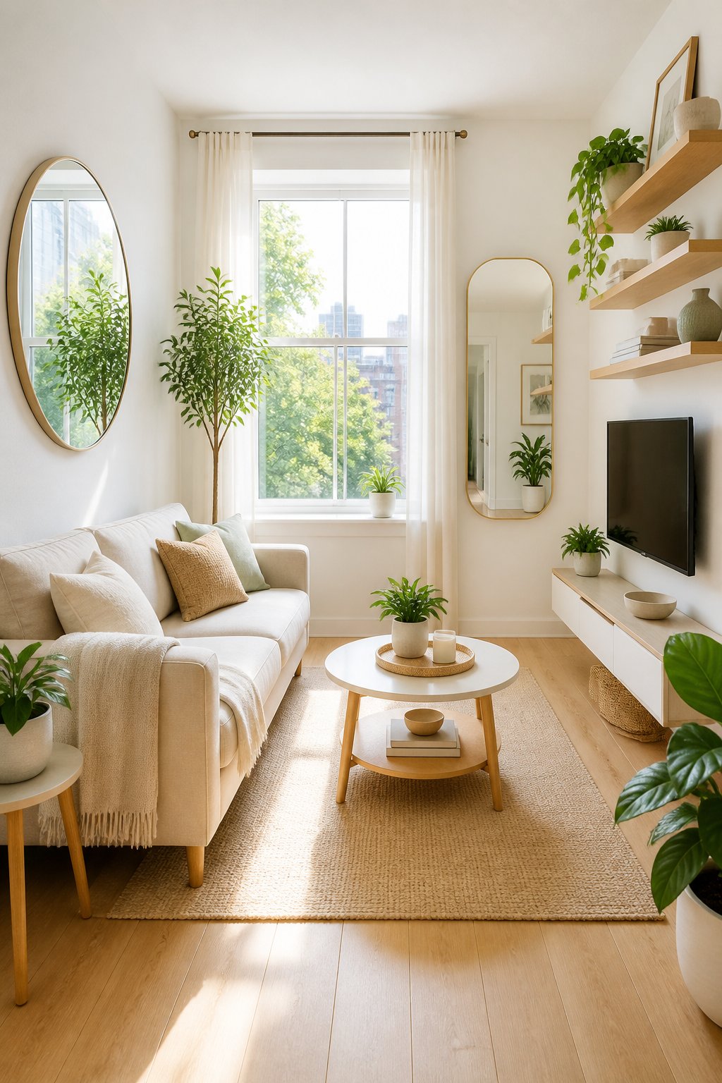 Bright living room with beige sofa, round coffee table, wall-mounted TV, shelves with decor, large windows, and several potted plants. Light wood floor and neutral tones throughout.