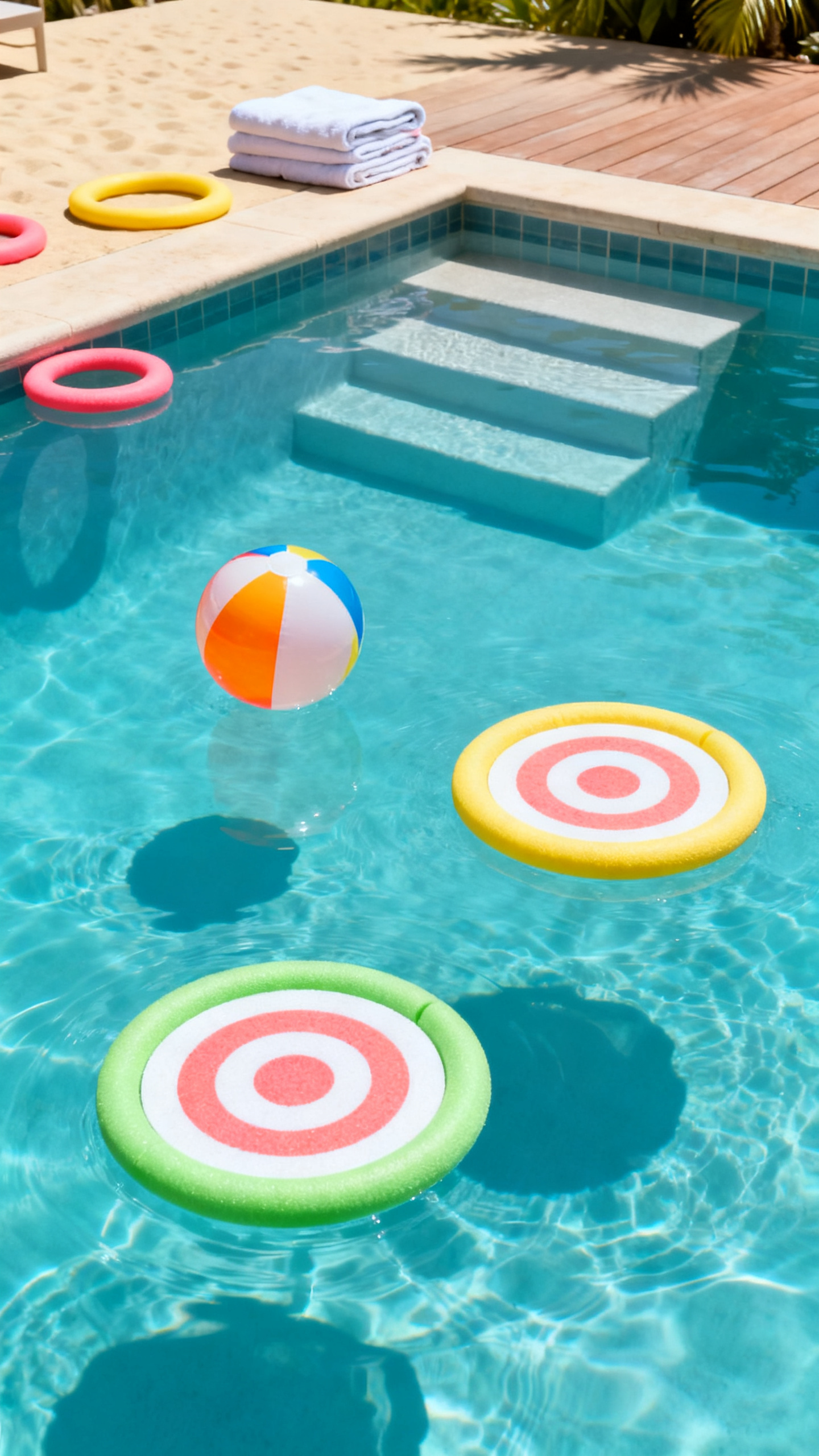 Swimming ideas with beach ball targets and noodle rings in a pool