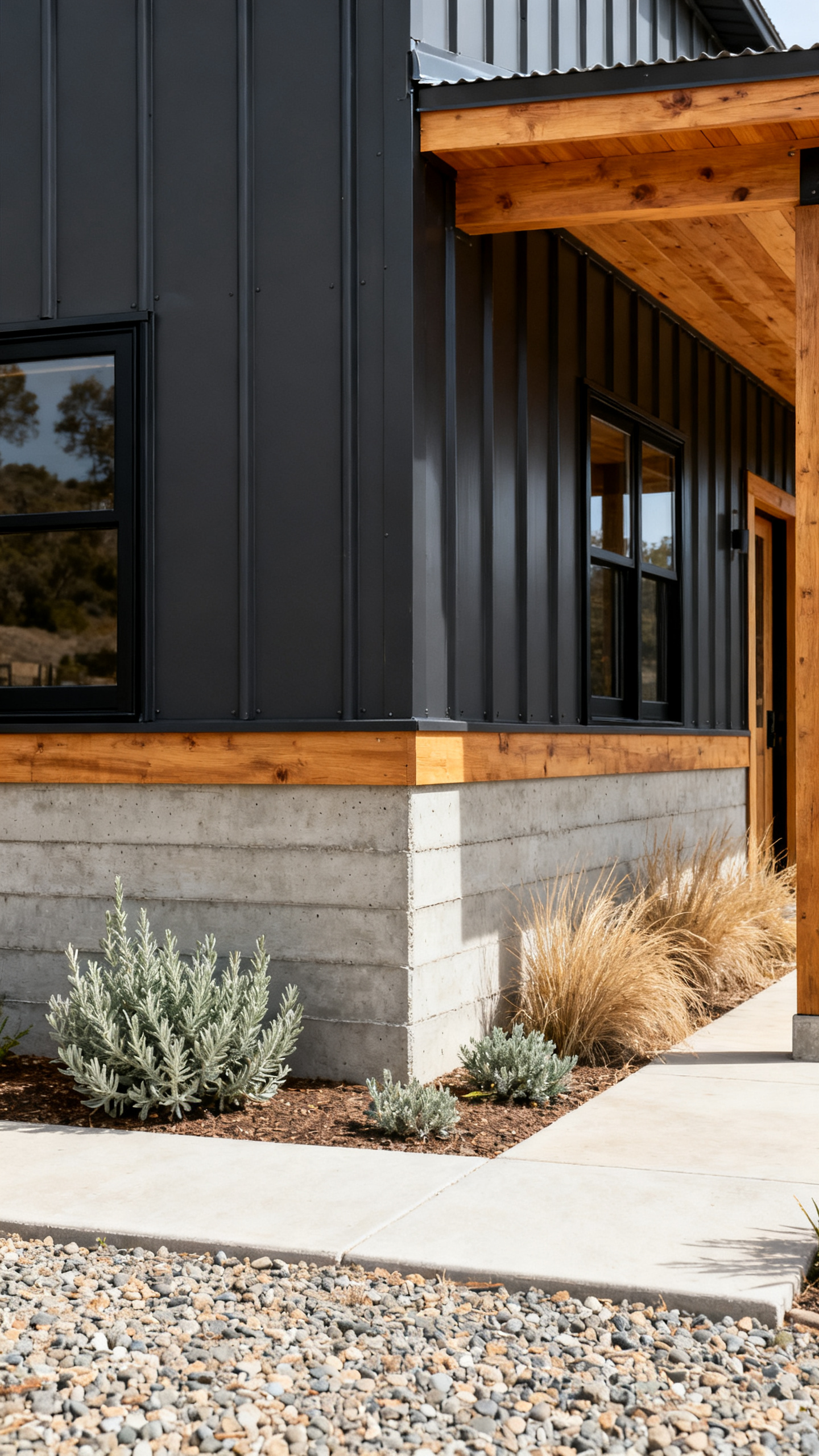 California barndominium material mix with metal siding, wood soffits, and concrete base
