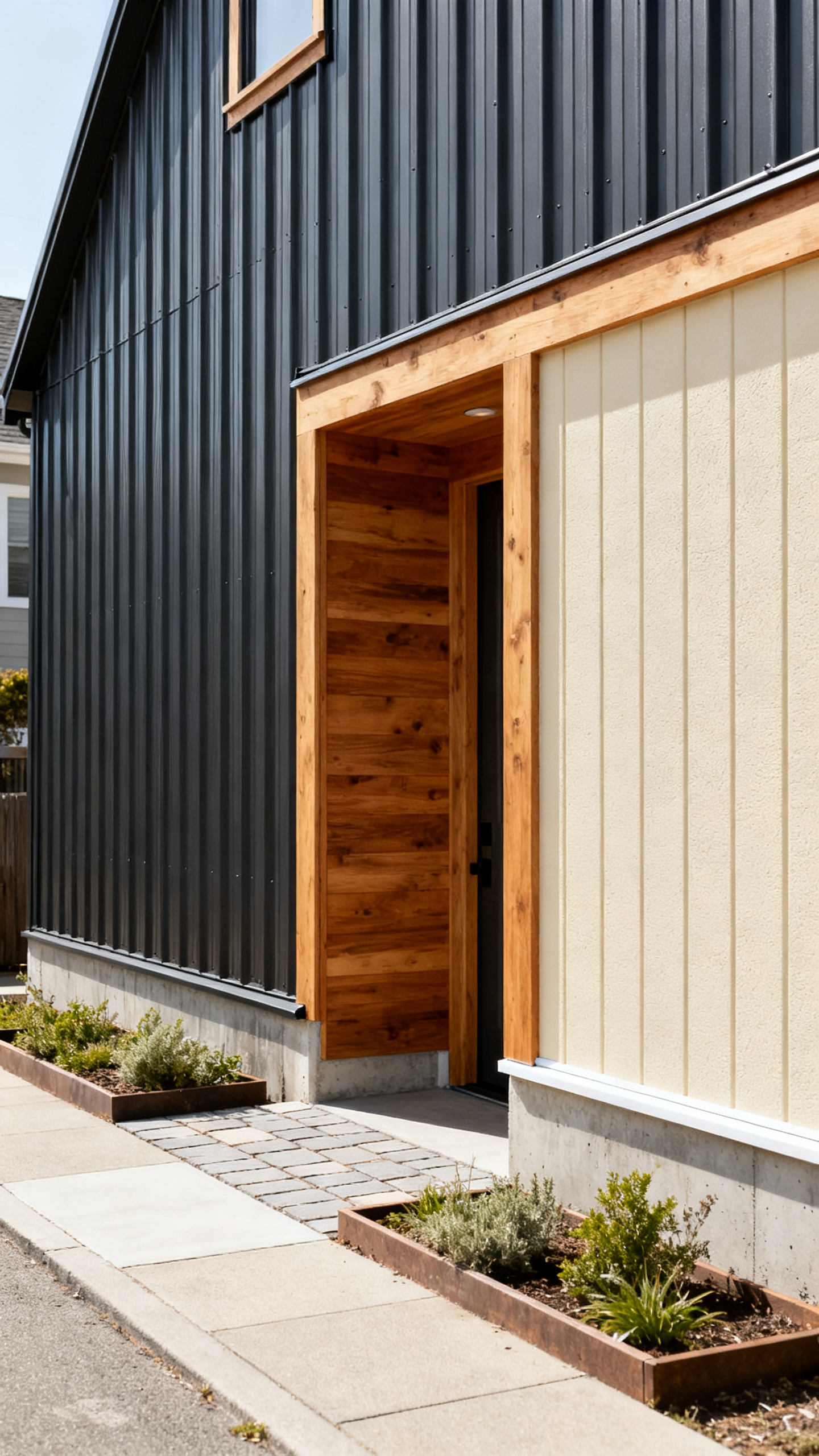 San Francisco barndominium exterior with charcoal metal and warm wood siding