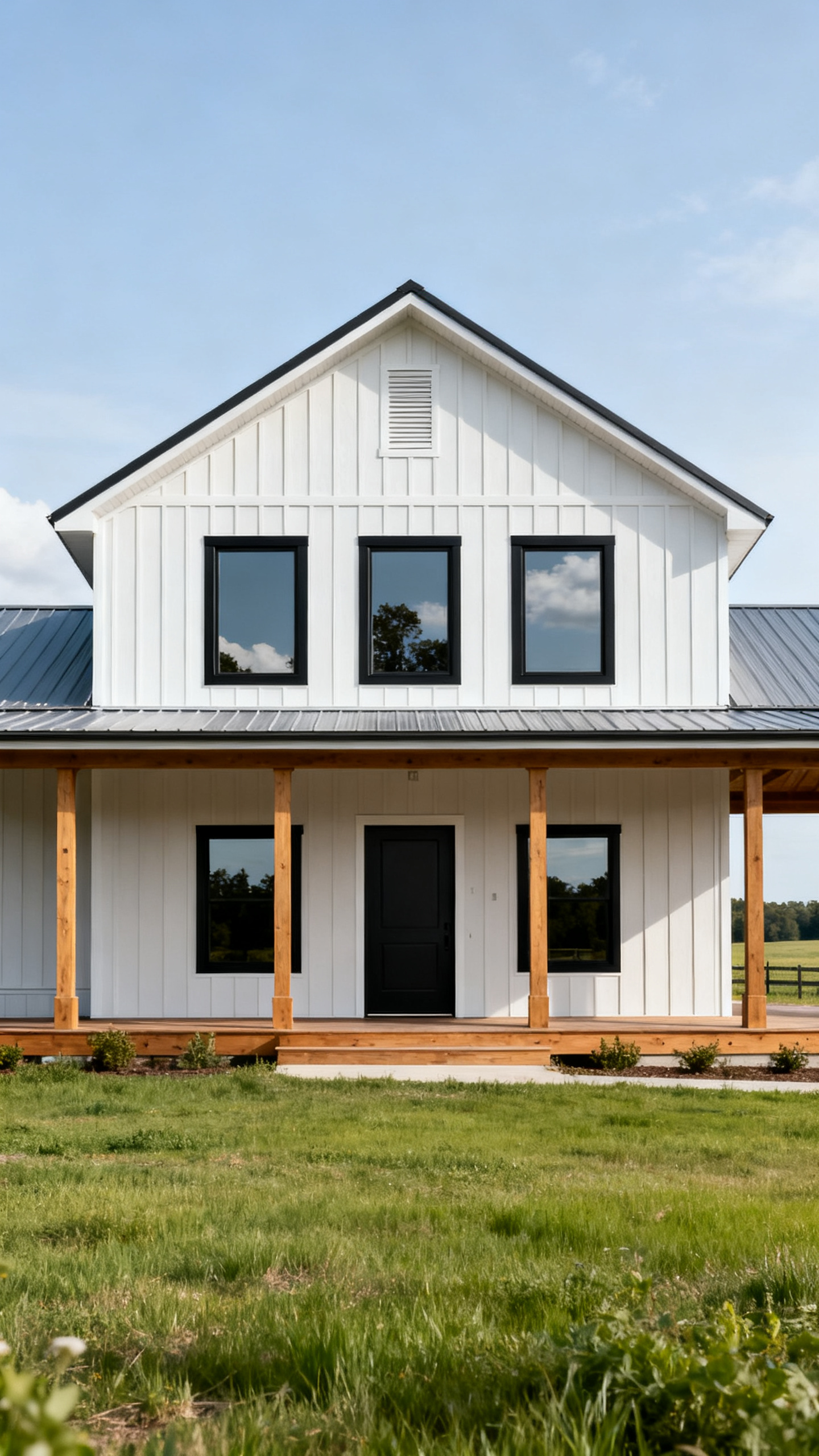 Barndominium exterior with aligned windows, neutral siding, and black frames