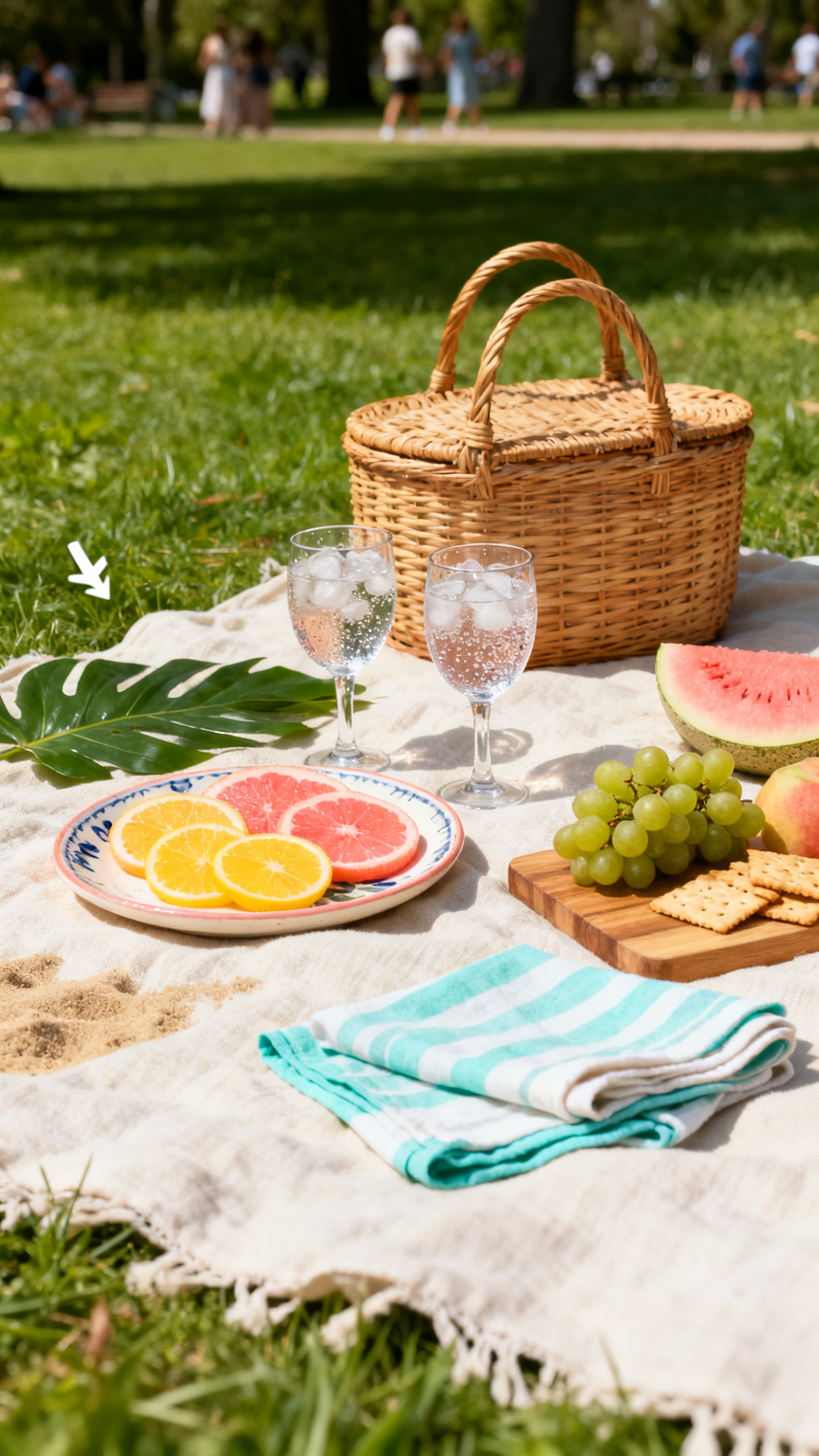 A picnic setup on grass with a wicker basket, two glasses of ice water, assorted fruit, crackers, napkins, and a large leaf on a white blanket.