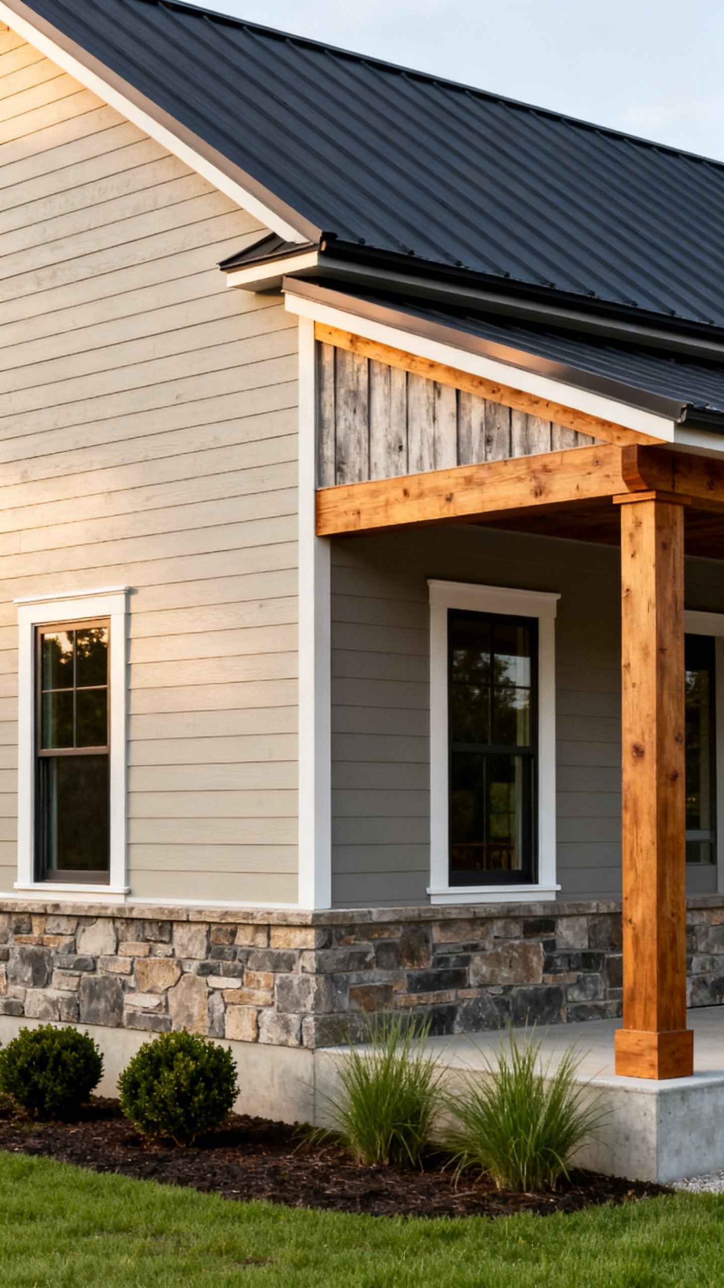 Balanced siding, wood accents, and metal roof on a South Carolina barndominium