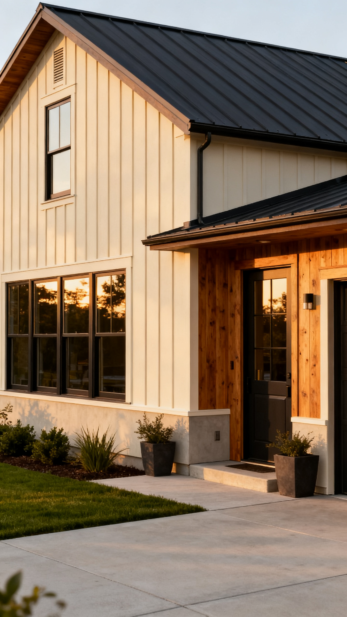 San Francisco barndominium with charcoal, cream, wood, and muted green exterior colors