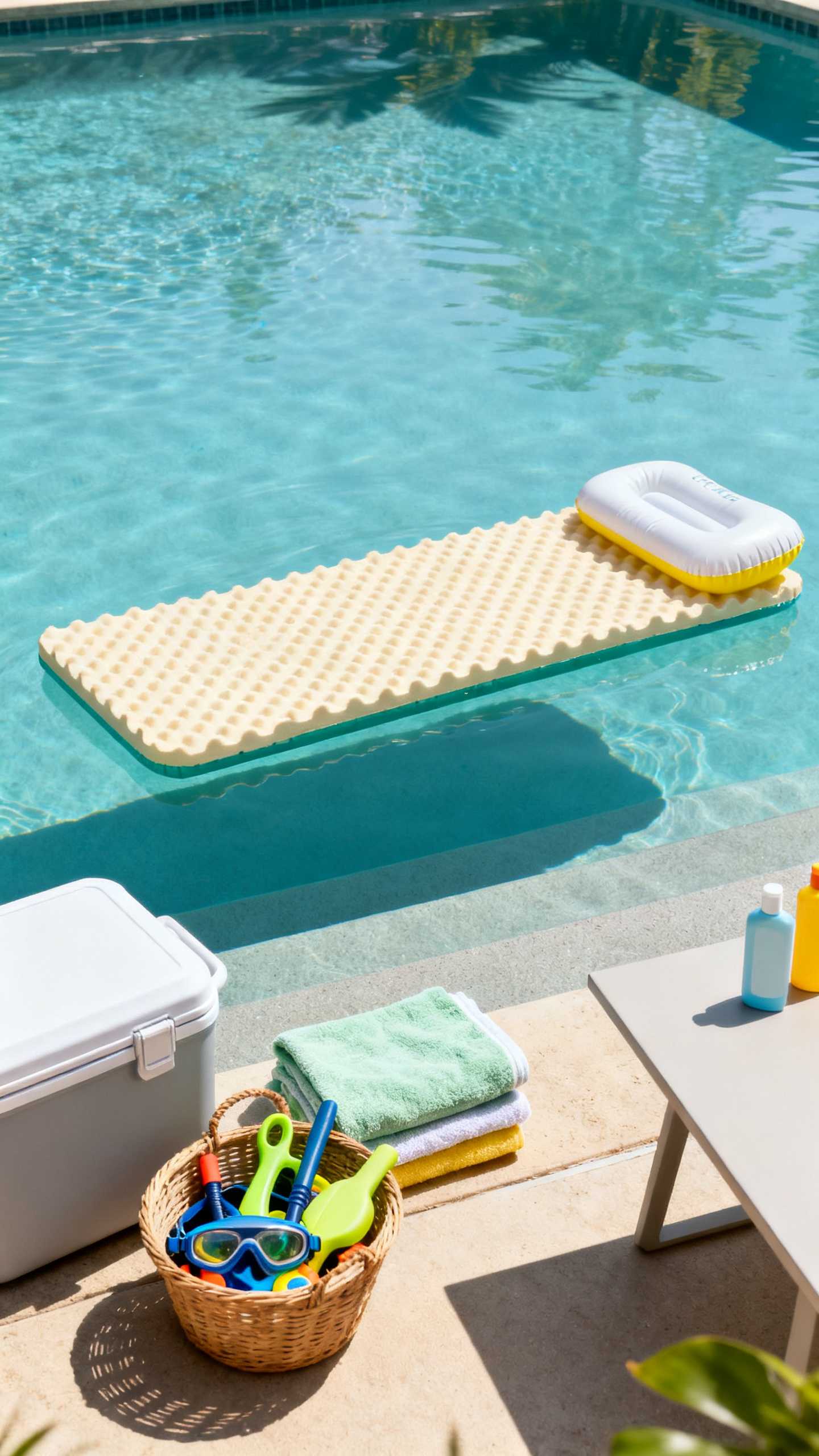 Swimming ideas with a floating rest station, pool mat, towels, and goggles