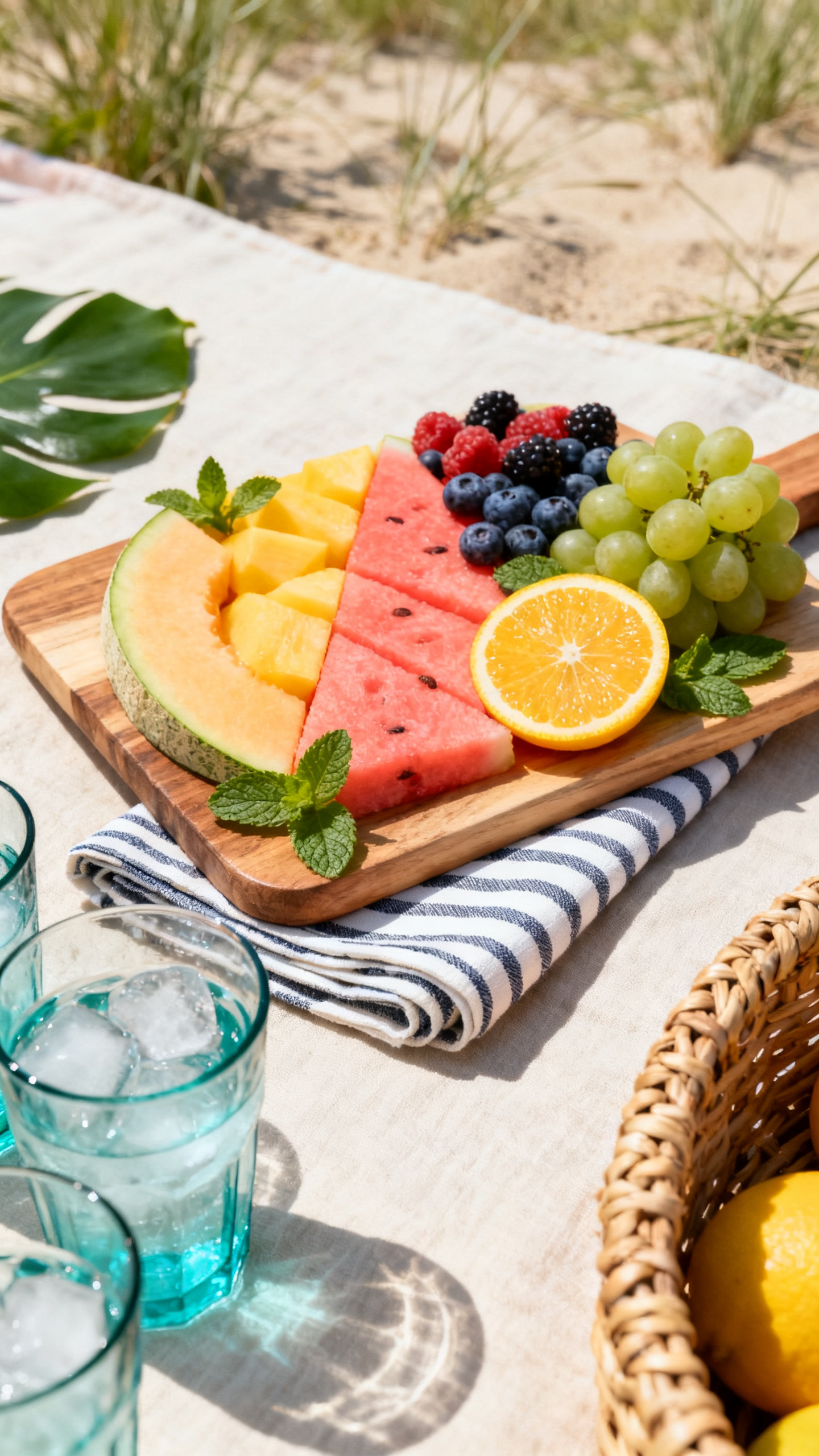 Summer ideas fruit board with citrus, berries, mint, and picnic styling