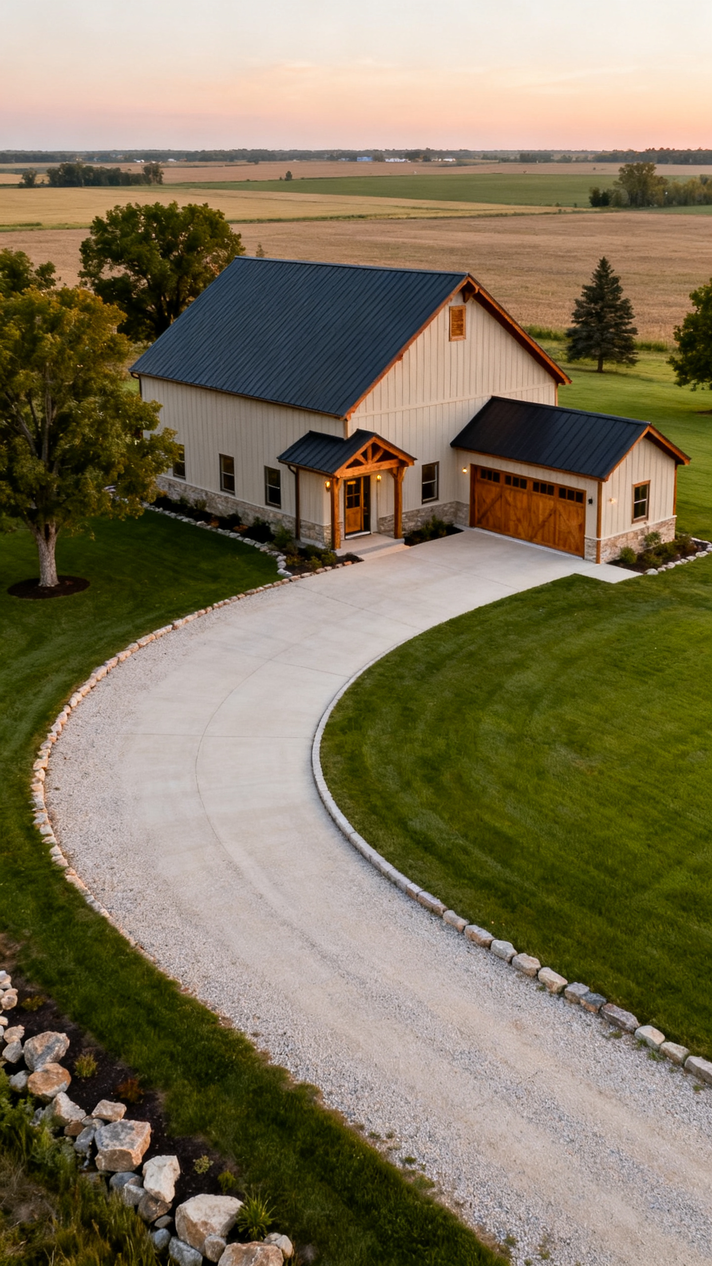 Wisconsin barndominium with curved driveway leading to gabled entry and rural lawn