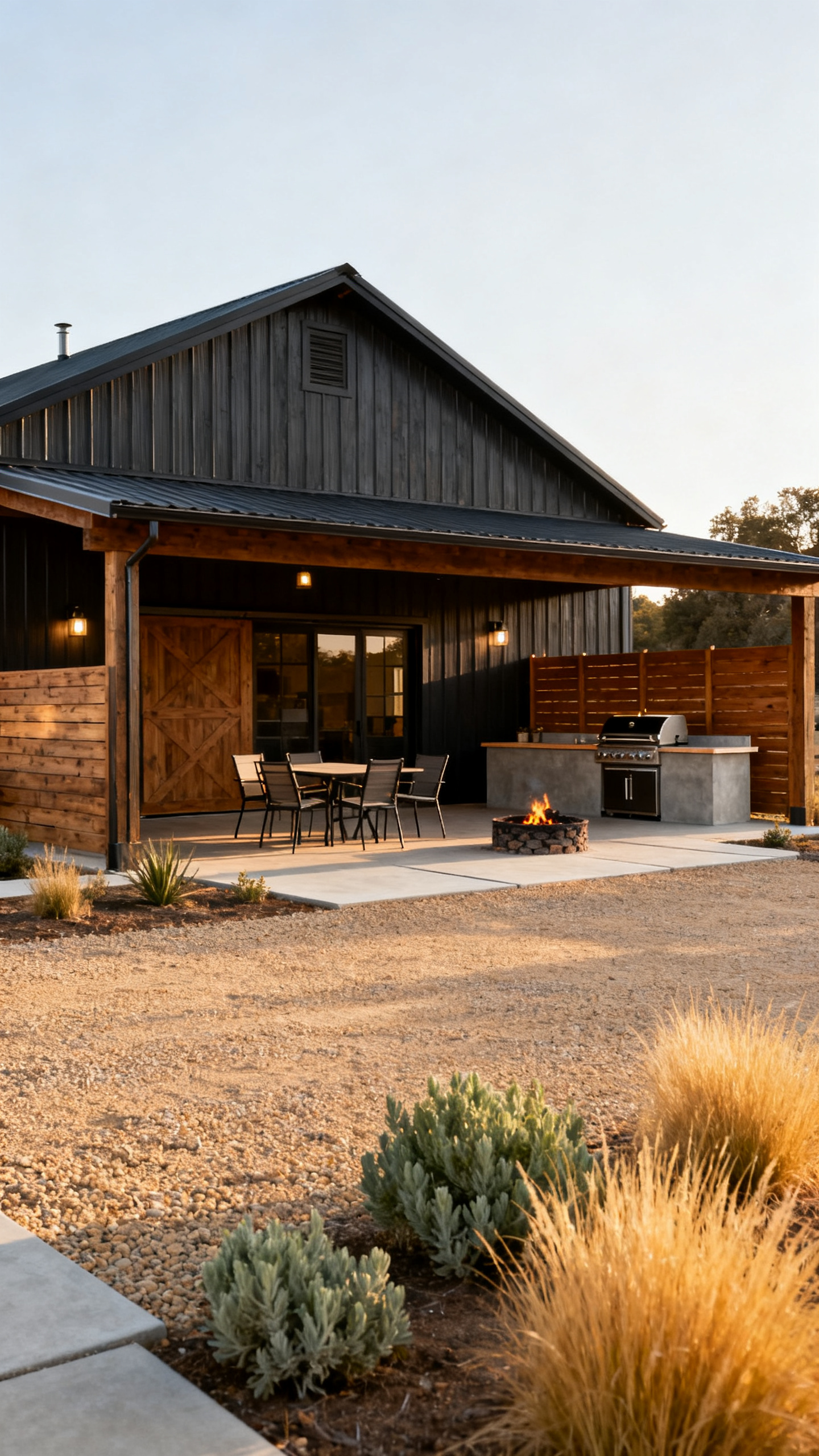 California barndominium outdoor zones with gravel court, patio, fire pit, and shade