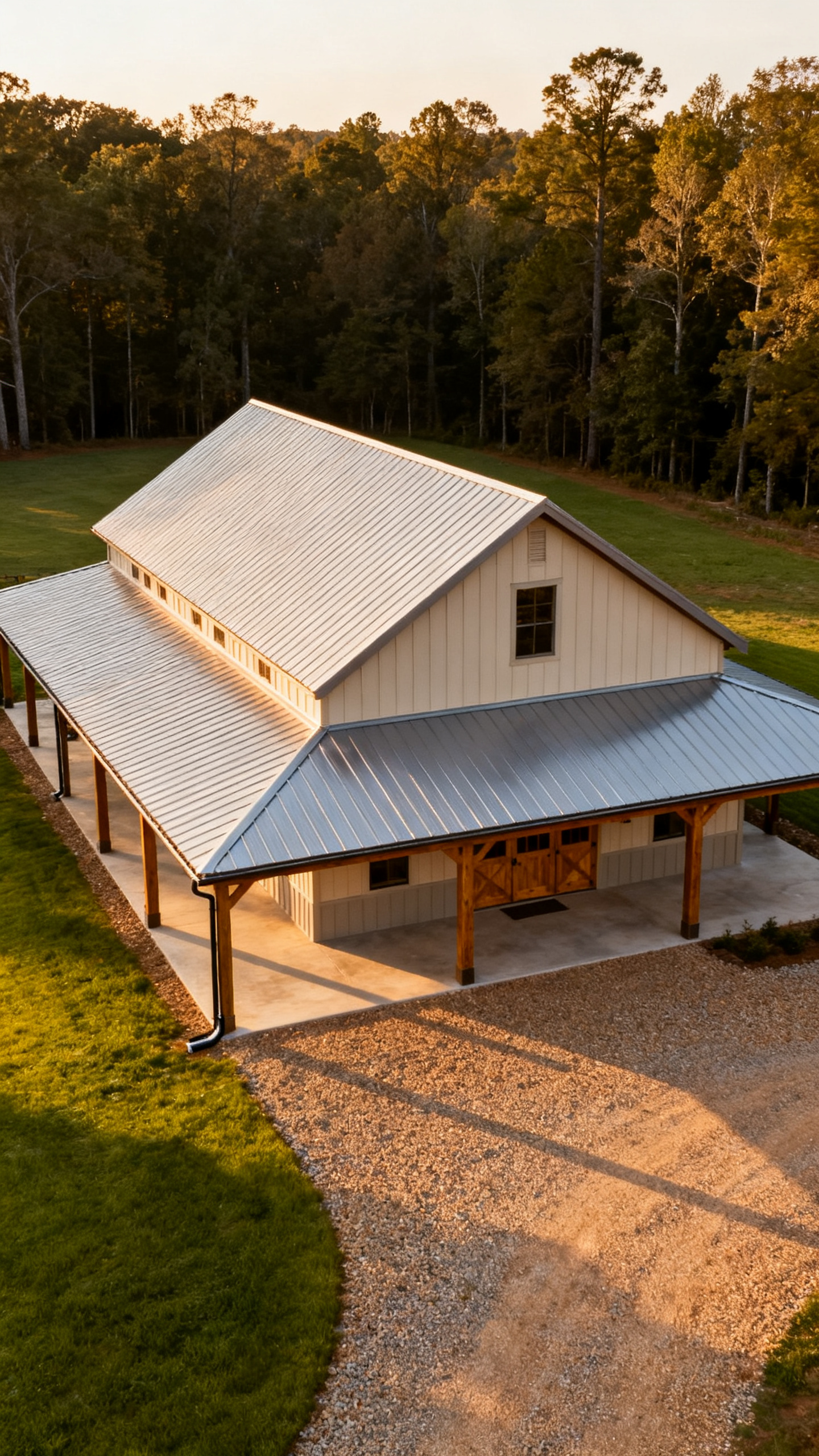 Barndominium exterior with clean metal roofline on a rural North Carolina property