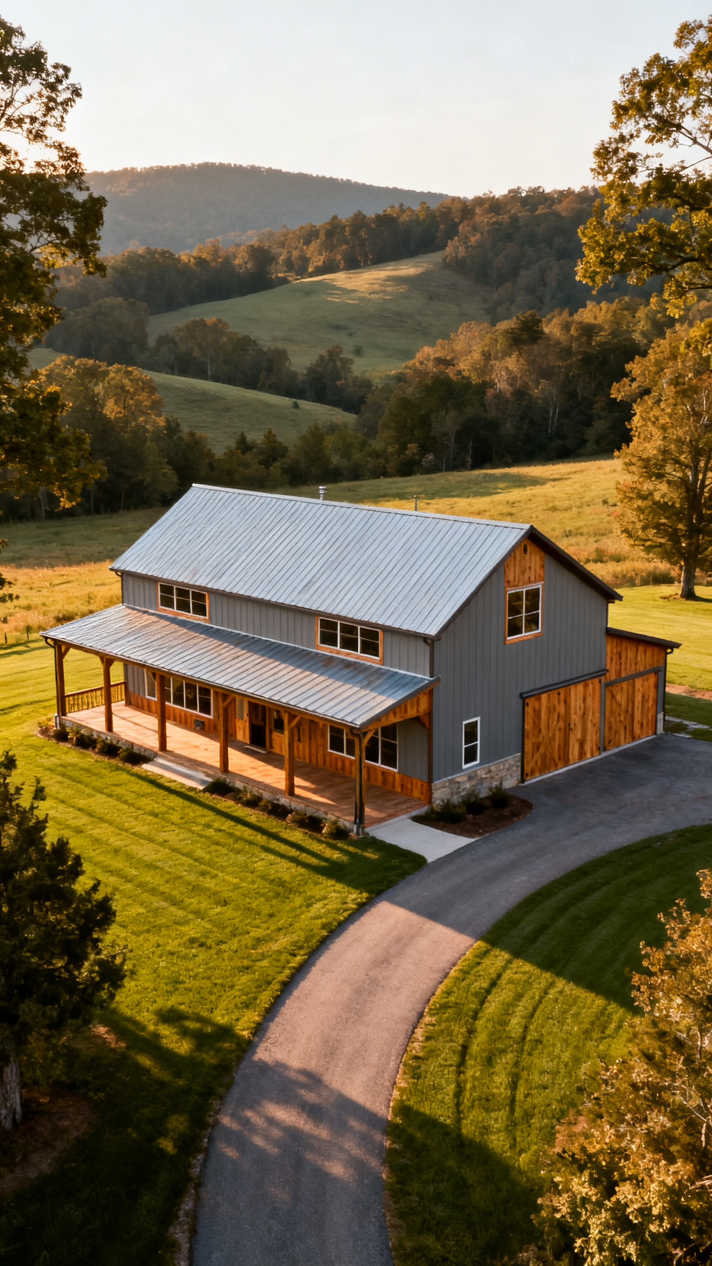 A modern barn-style house with a metal roof sits on a well-manicured lawn, surrounded by trees and rolling hills at sunset.