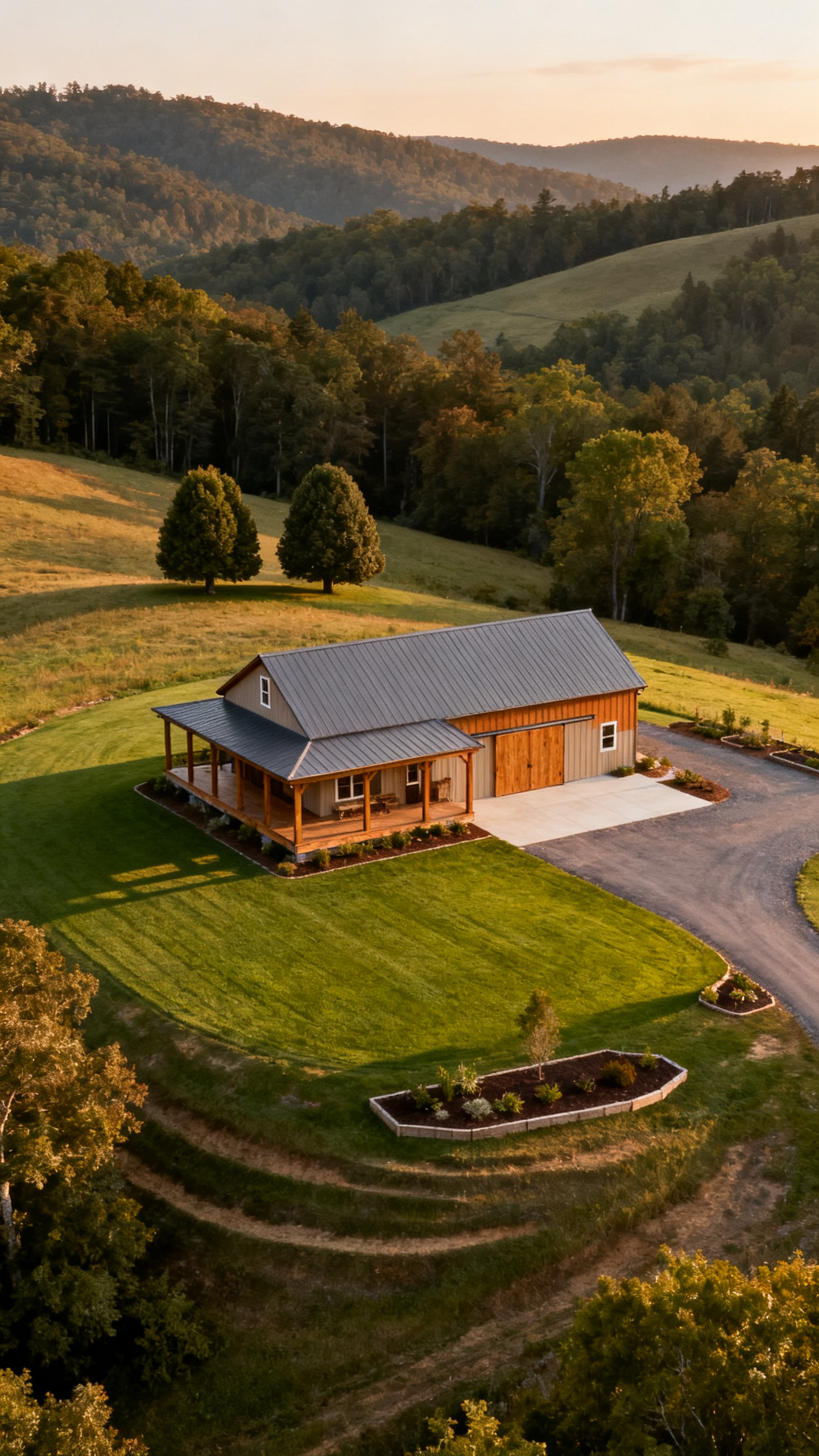West Virginia barndominium with open lawn, tree lines, and organized rural land