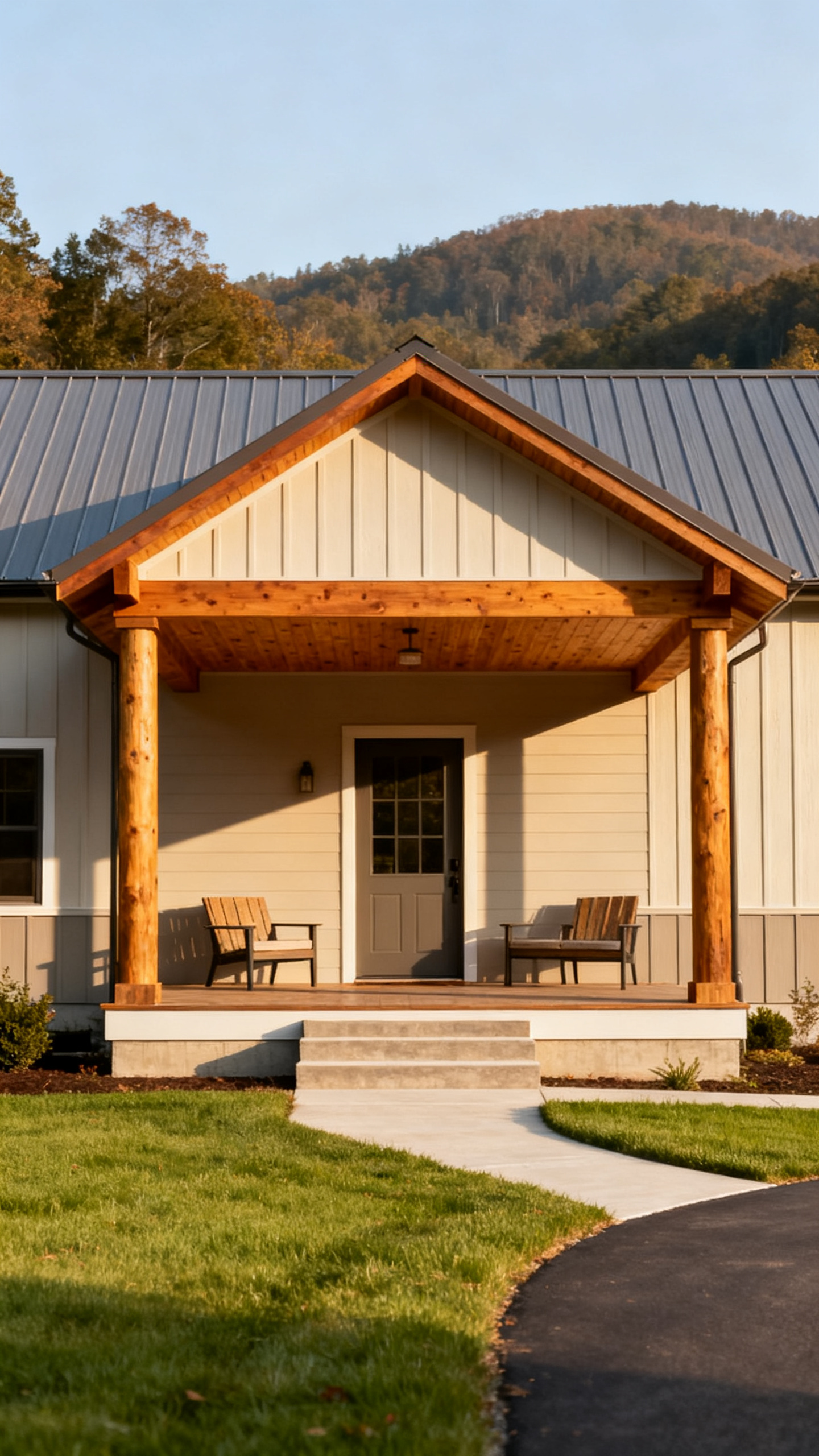 Covered porch on a West Virginia barndominium with warm wood and metal roof