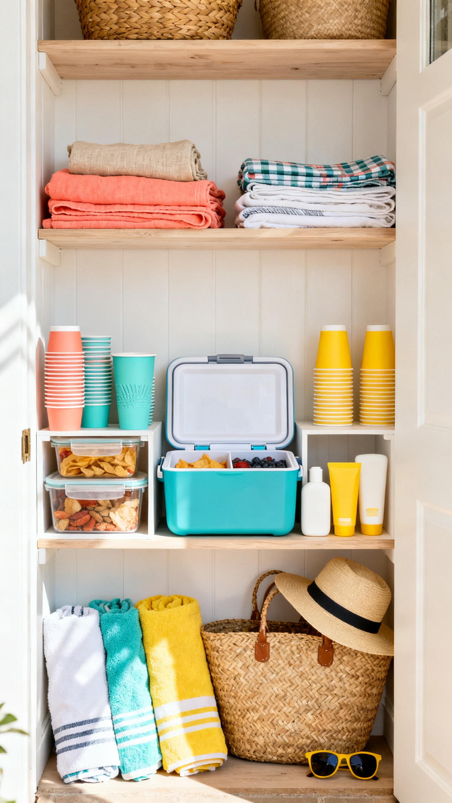 Summer ideas storage kit with picnic linens, beach gear, cups, and tote