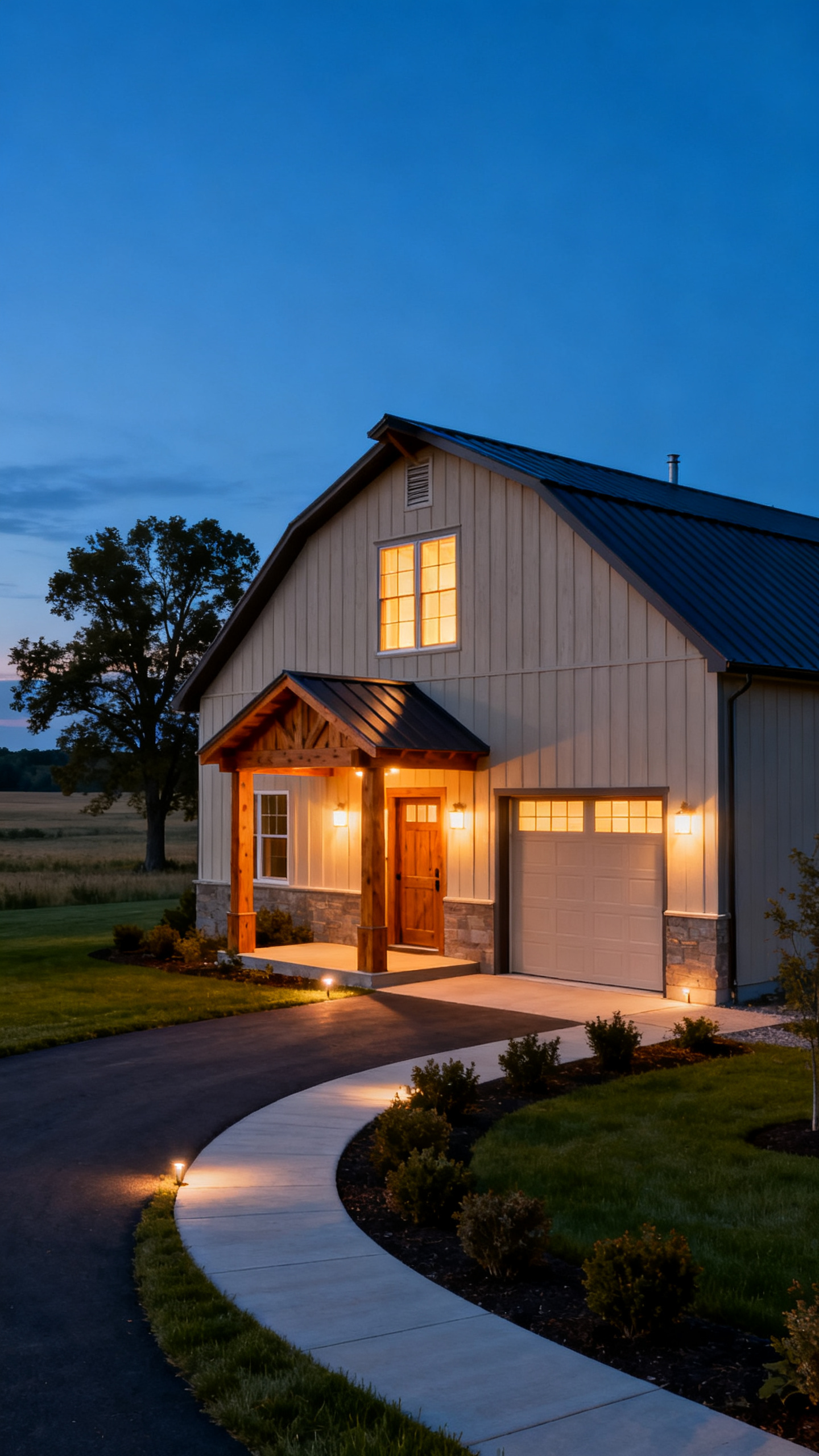 Wisconsin barndominium at evening with warm exterior lights, driveway, lawn, and metal roof