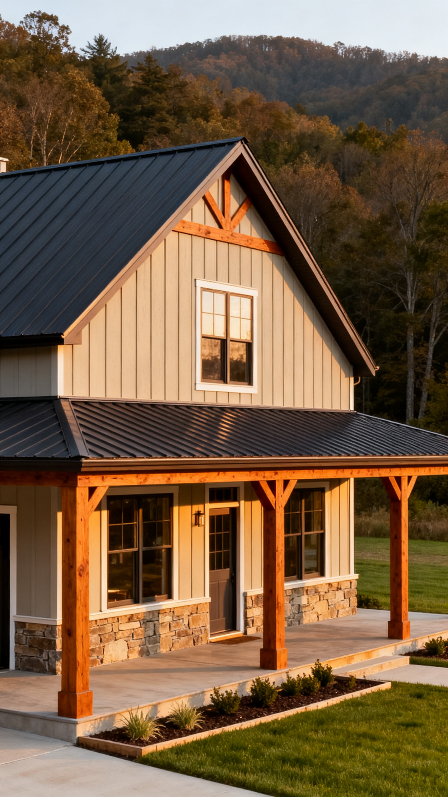 West Virginia barndominium exterior with metal roof, wood accents, and neutral siding
