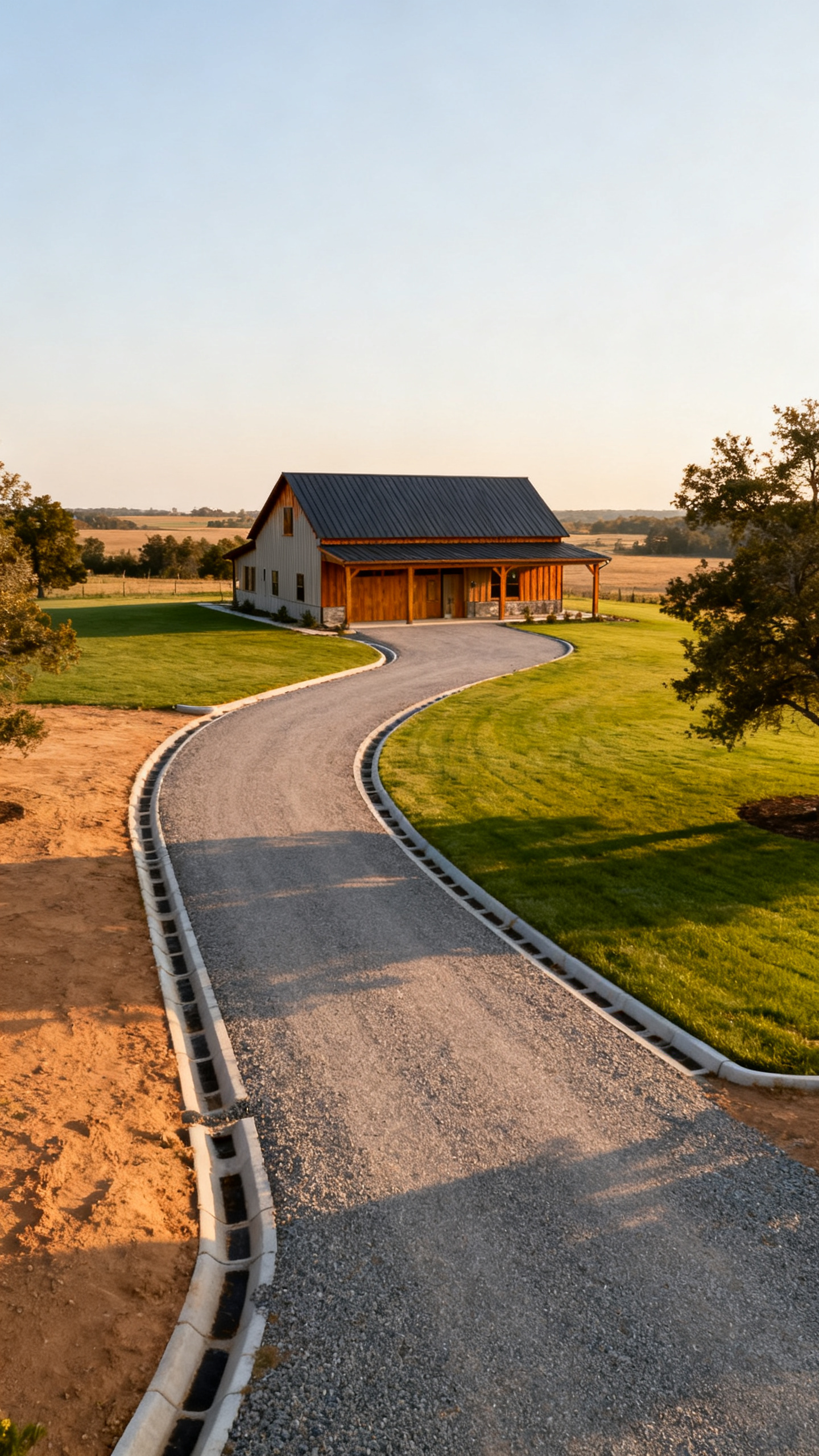 Idaho barndominium exterior with driveway leading through a rural property