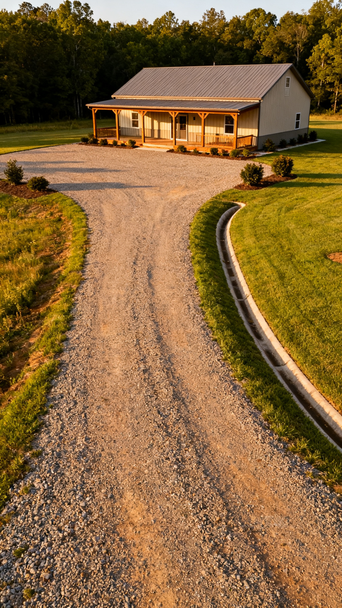 Barndominium exterior with gravel driveway leading across a rural lawn