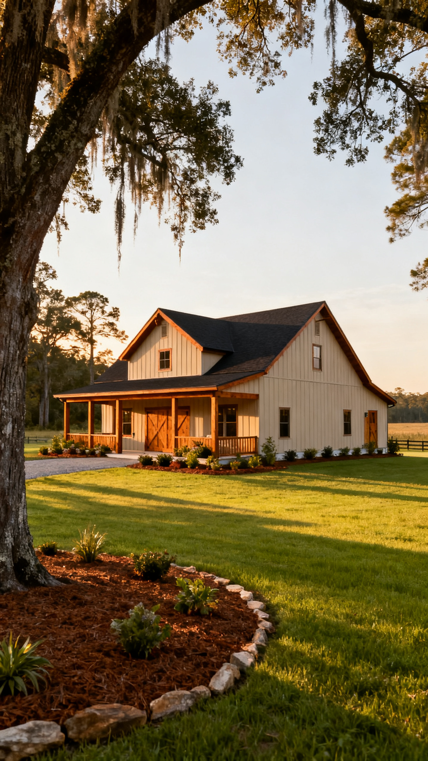 South Carolina barndominium with mature trees, lawn, and polished country landscaping