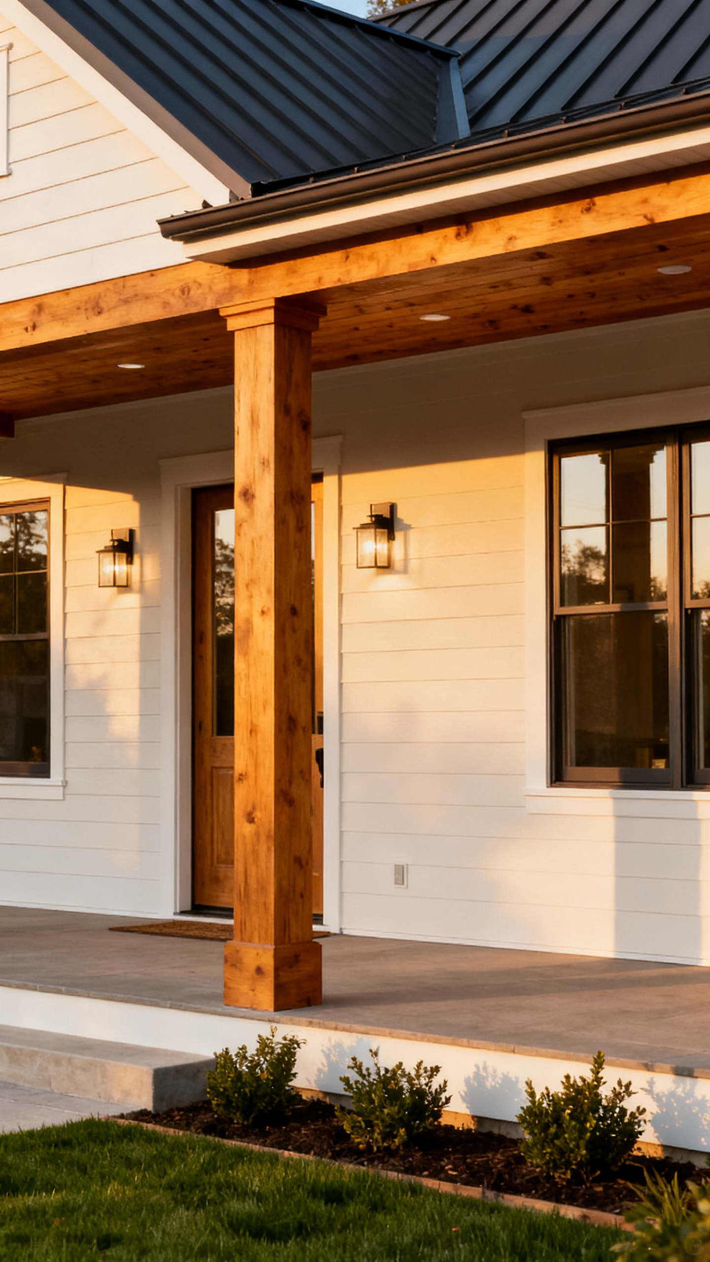 Warm wood porch details on a South Carolina barndominium with covered entry