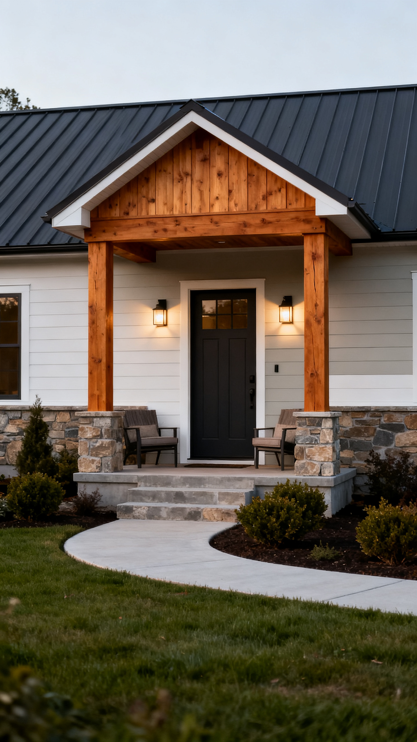 Wisconsin barndominium with covered entry, wood posts, walkway, and warm exterior lights