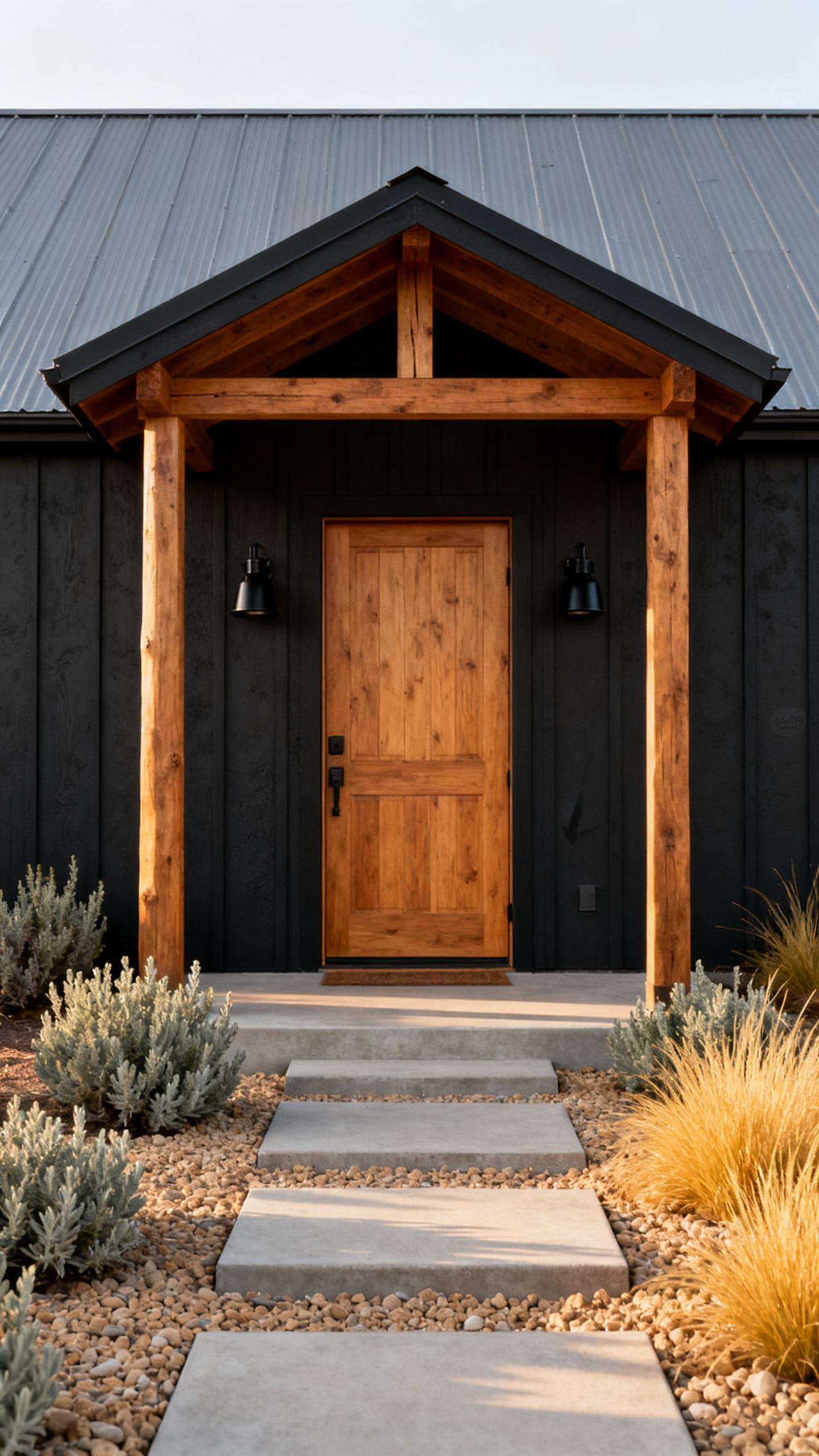 California barndominium entry with wood door, porch, gravel path, and native plants