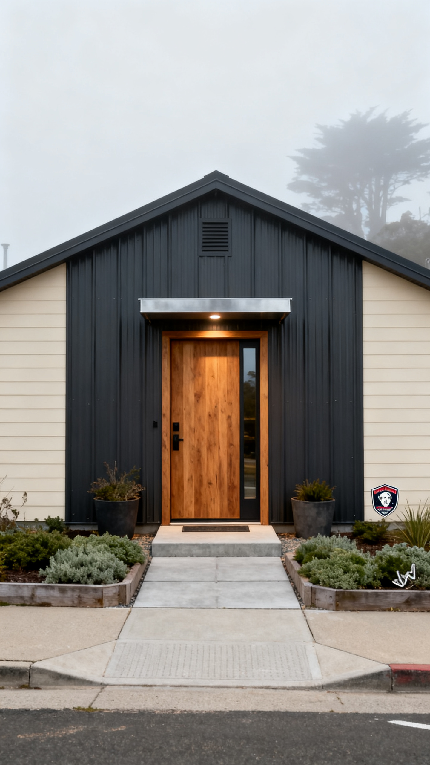 San Francisco barndominium entry with recessed wood surround and metal canopy