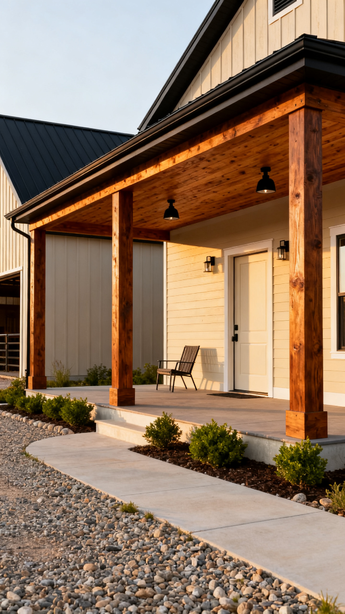 Barndominium exterior porch with wood posts, neutral siding, and rural landscaping