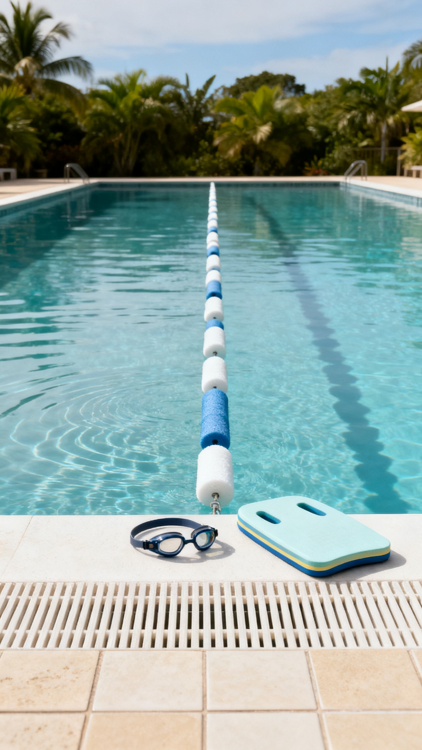 Swimming ideas with a calm swim path marked by floating pool noodles