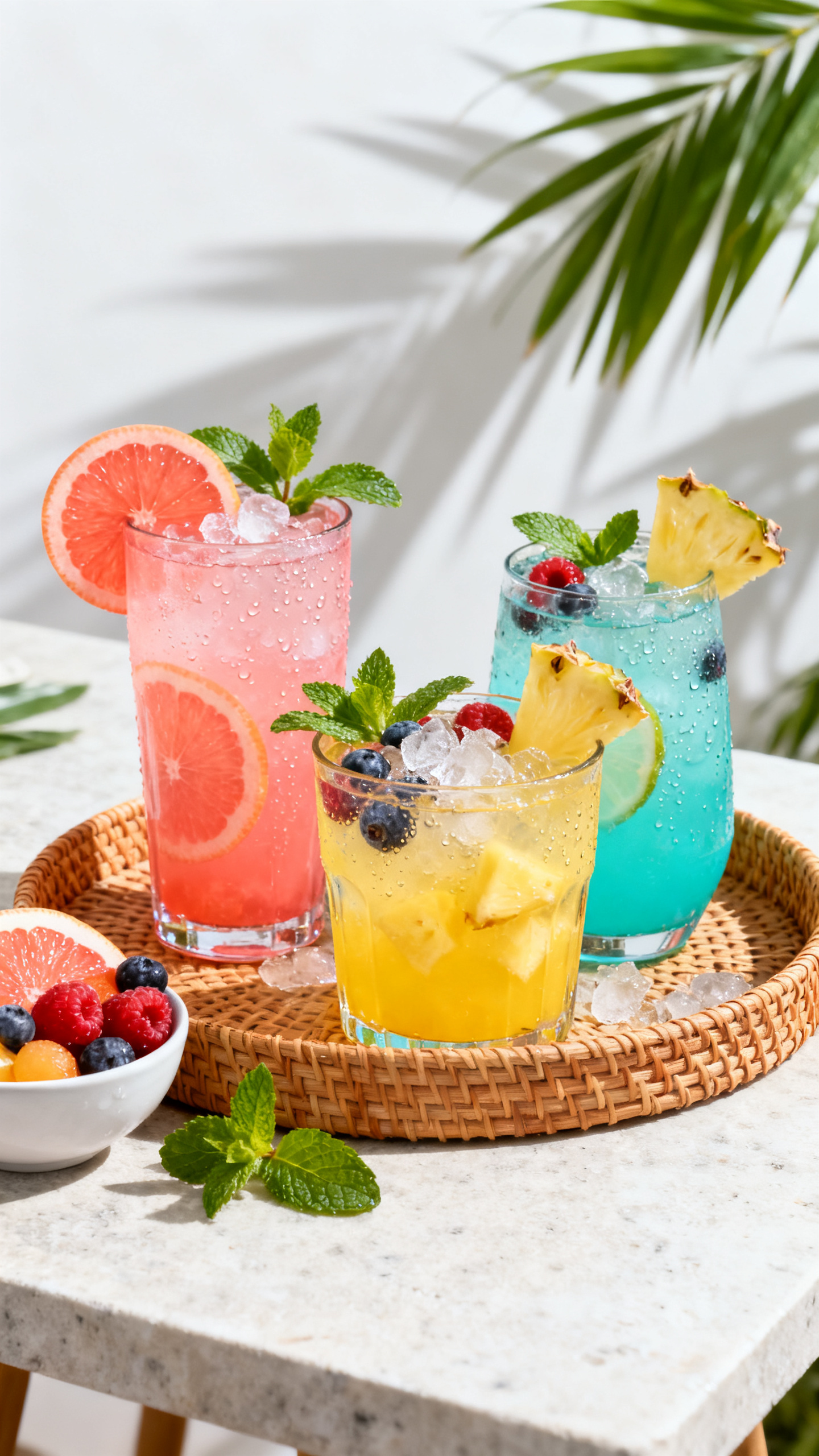 Summer ideas fruit drinks with ice, citrus, berries, and mint on a bright tray