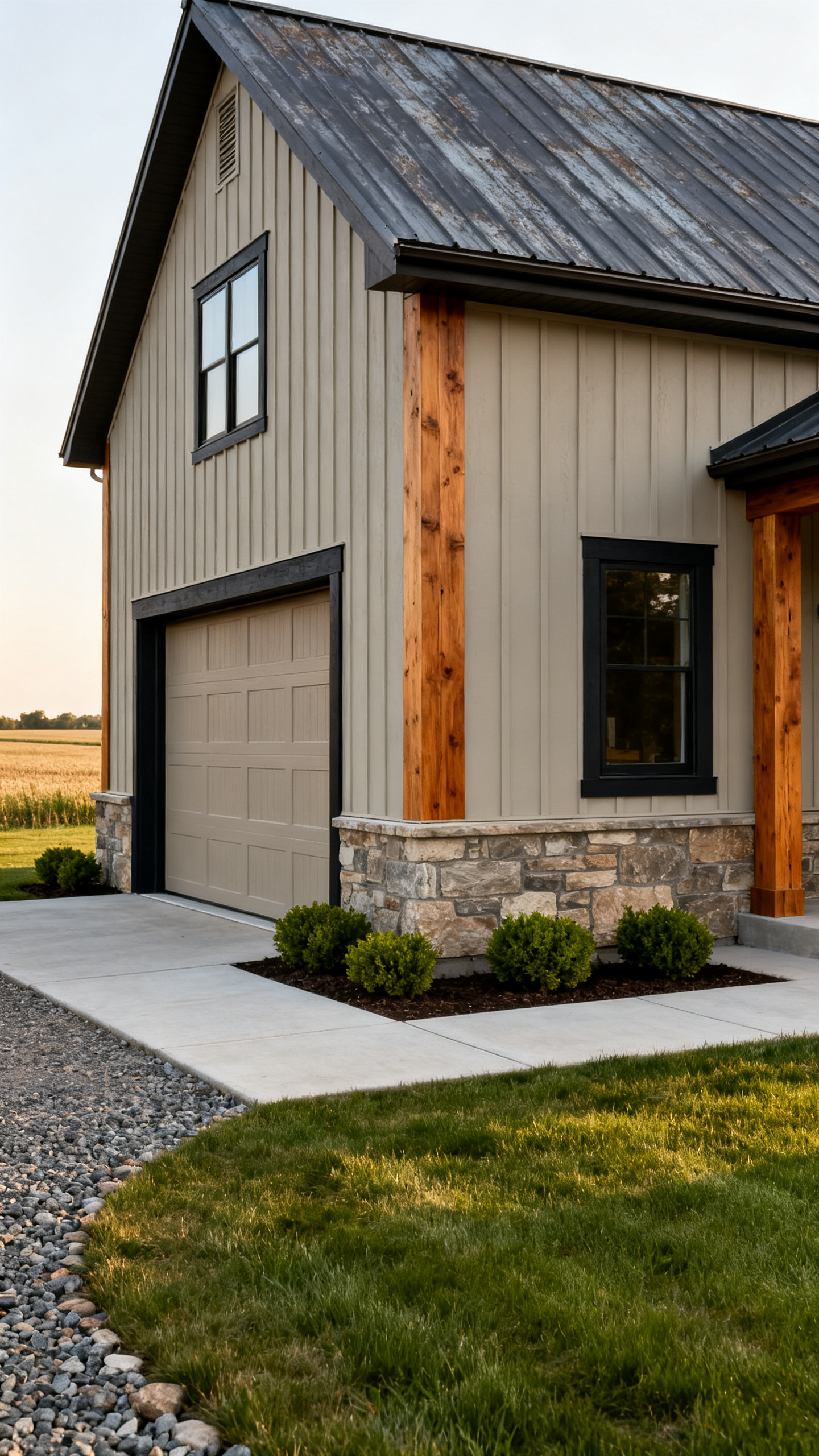 Wisconsin barndominium with metal roof, wood posts, neutral siding, and stone base