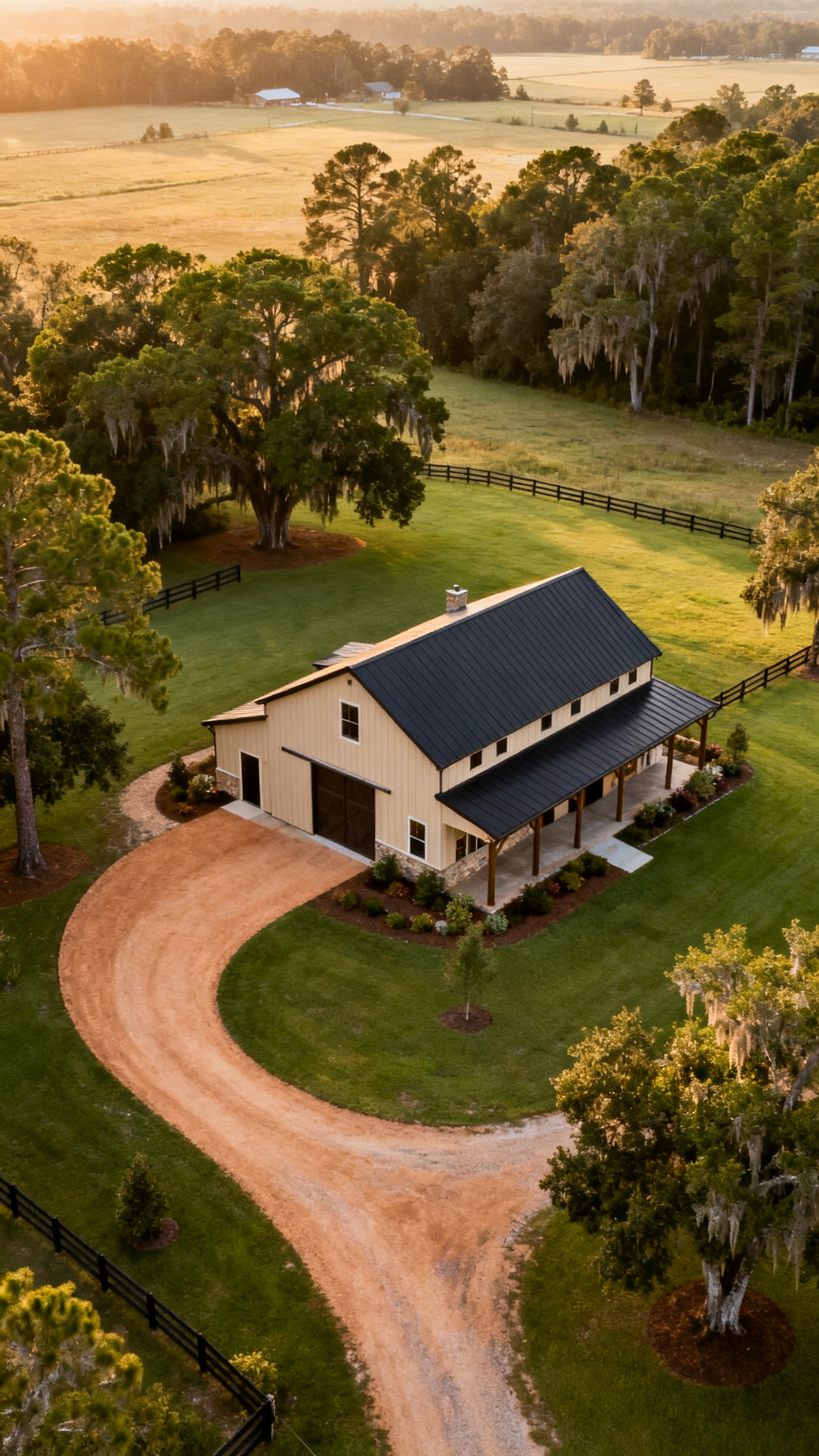 South Carolina barndominium on a spacious rural property with driveway, lawn, and mature trees