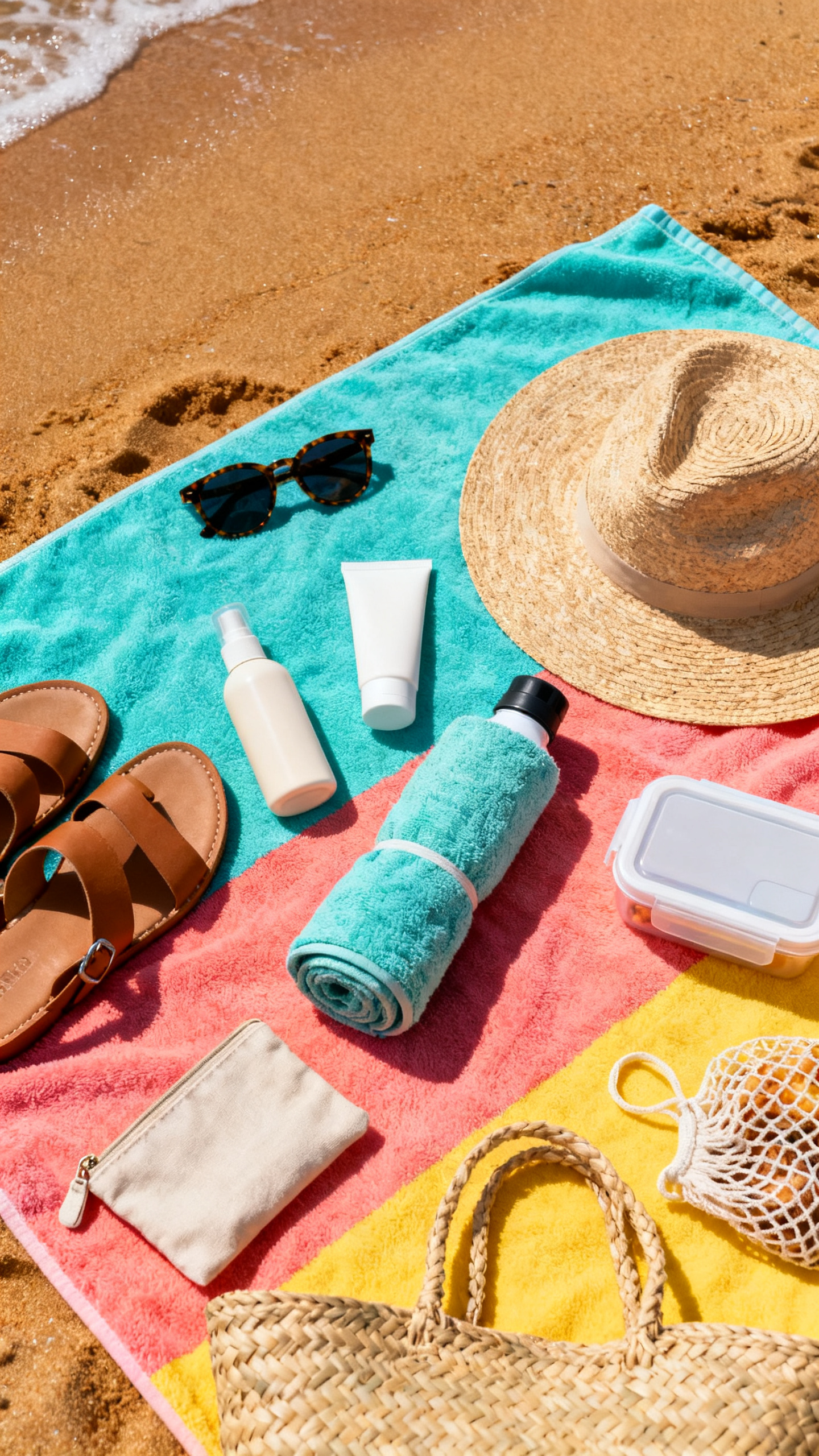 Summer ideas beach-day flat lay with hat, towel, sandals, sunglasses, and tote