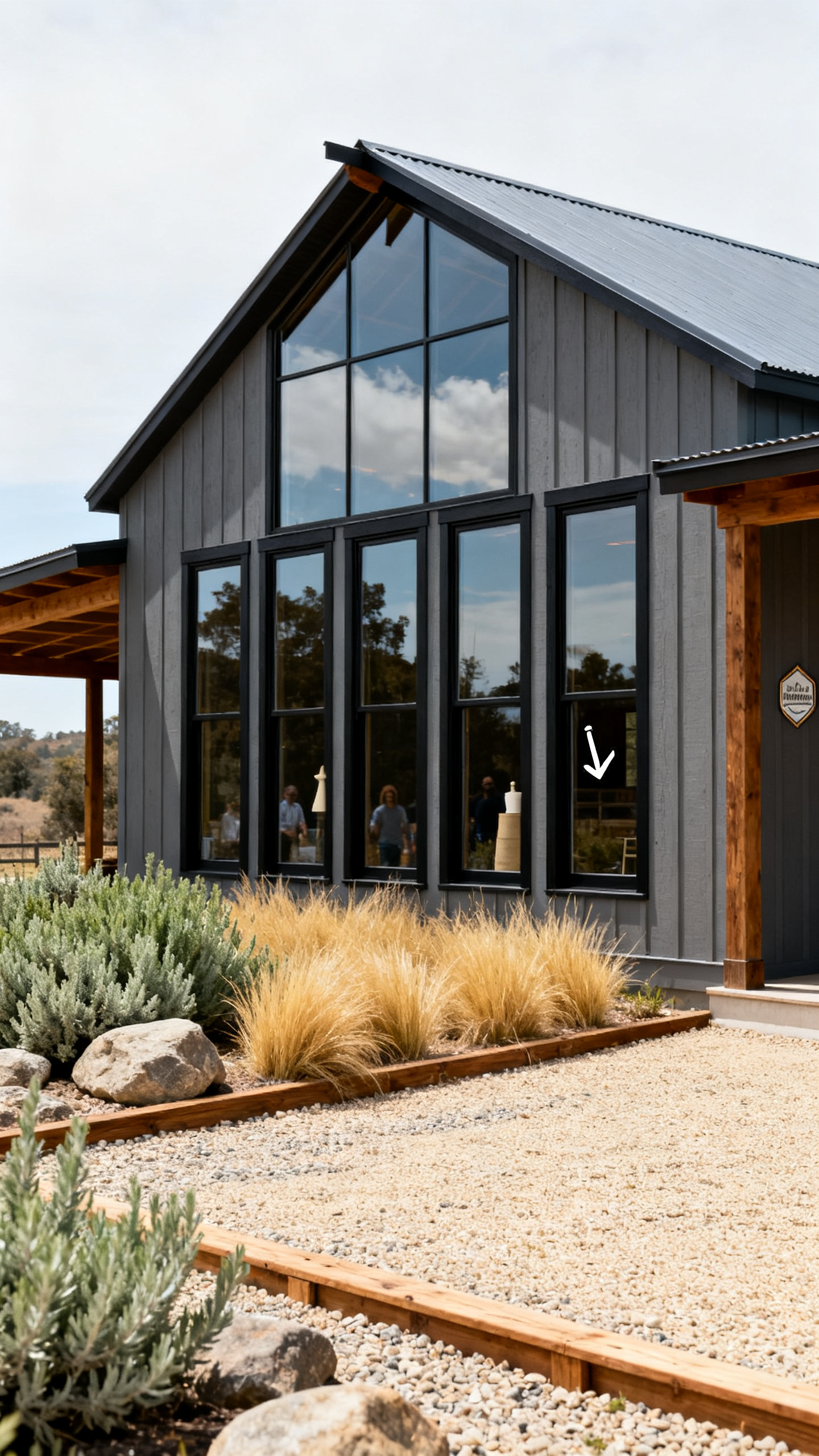 California barndominium with aligned black windows and barn-inspired siding