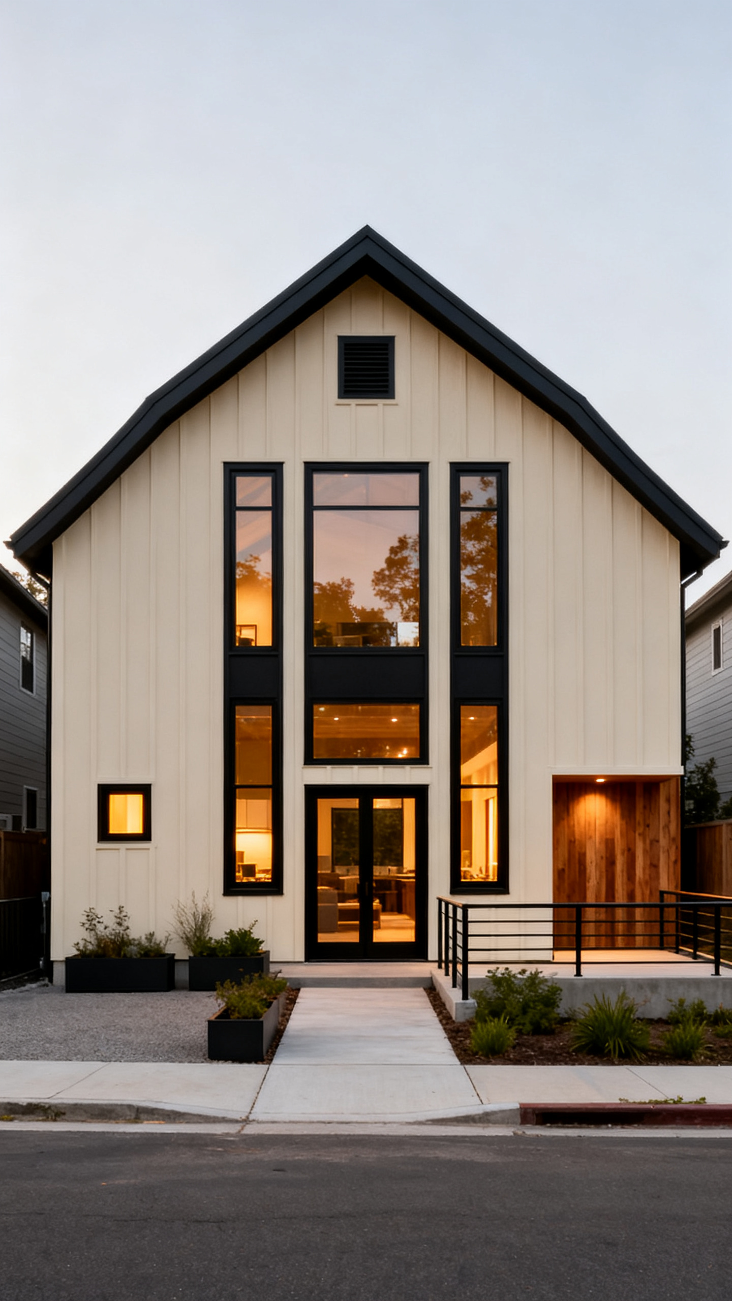San Francisco barndominium with aligned black framed windows and warm glow