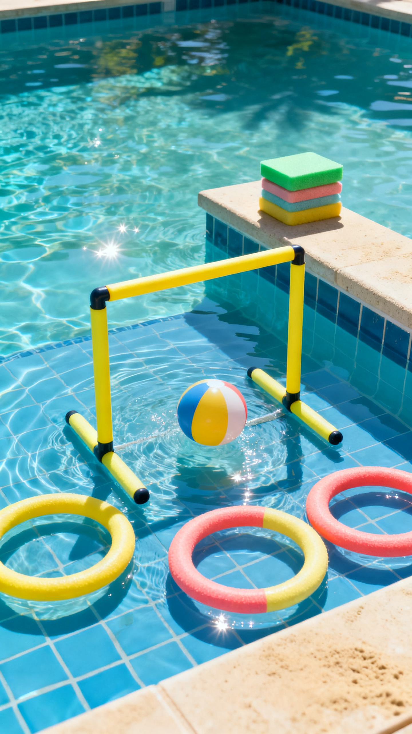 Swimming ideas with shallow splash challenges using noodle gates and dive rings