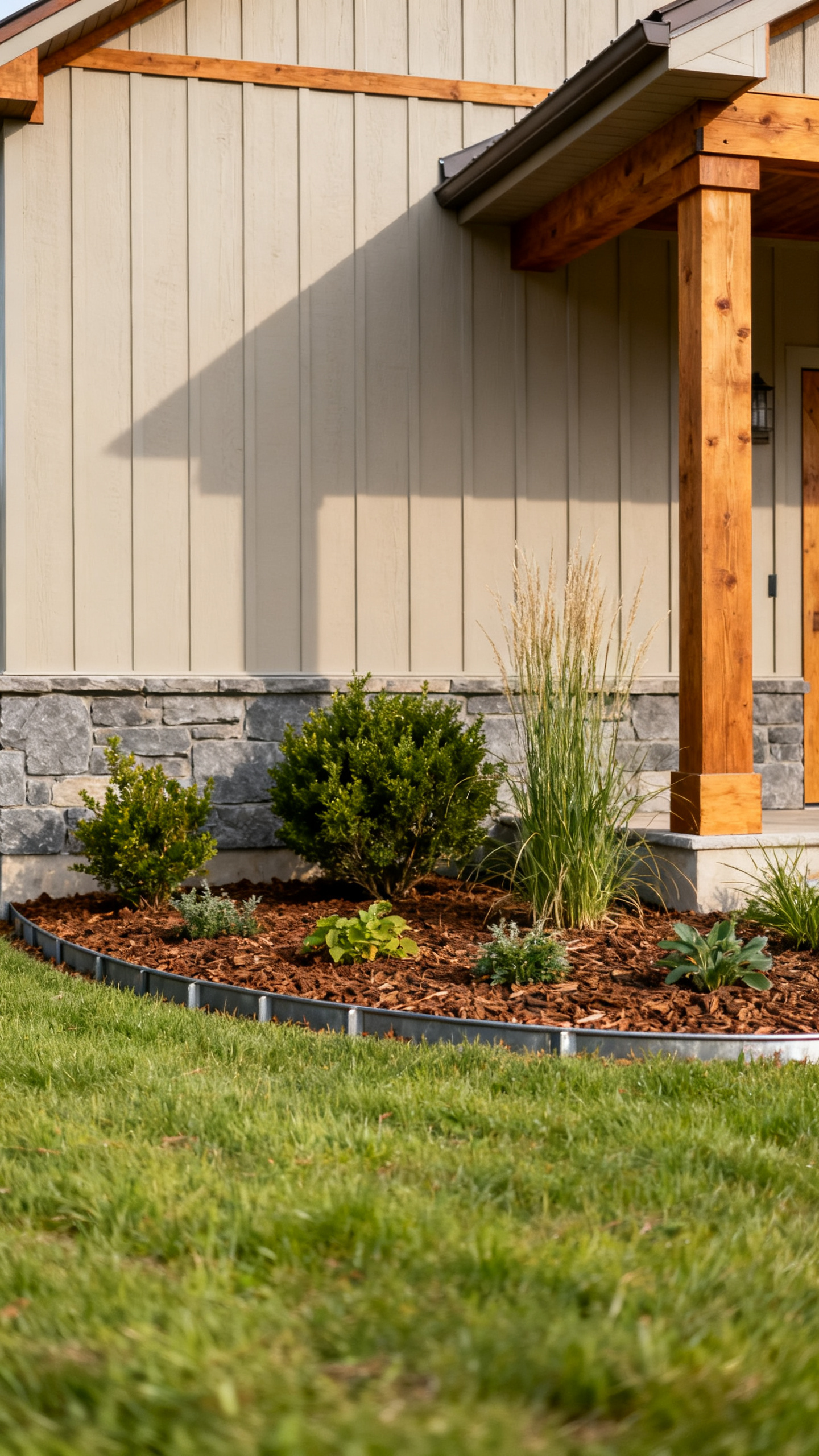 Barndominium exterior landscaping with mulch beds, shrubs, and clean lawn edges