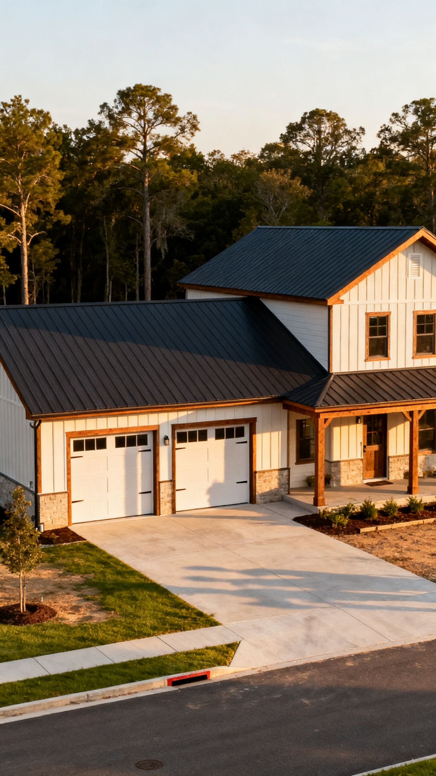 Integrated garage on a South Carolina barndominium with balanced driveway and siding